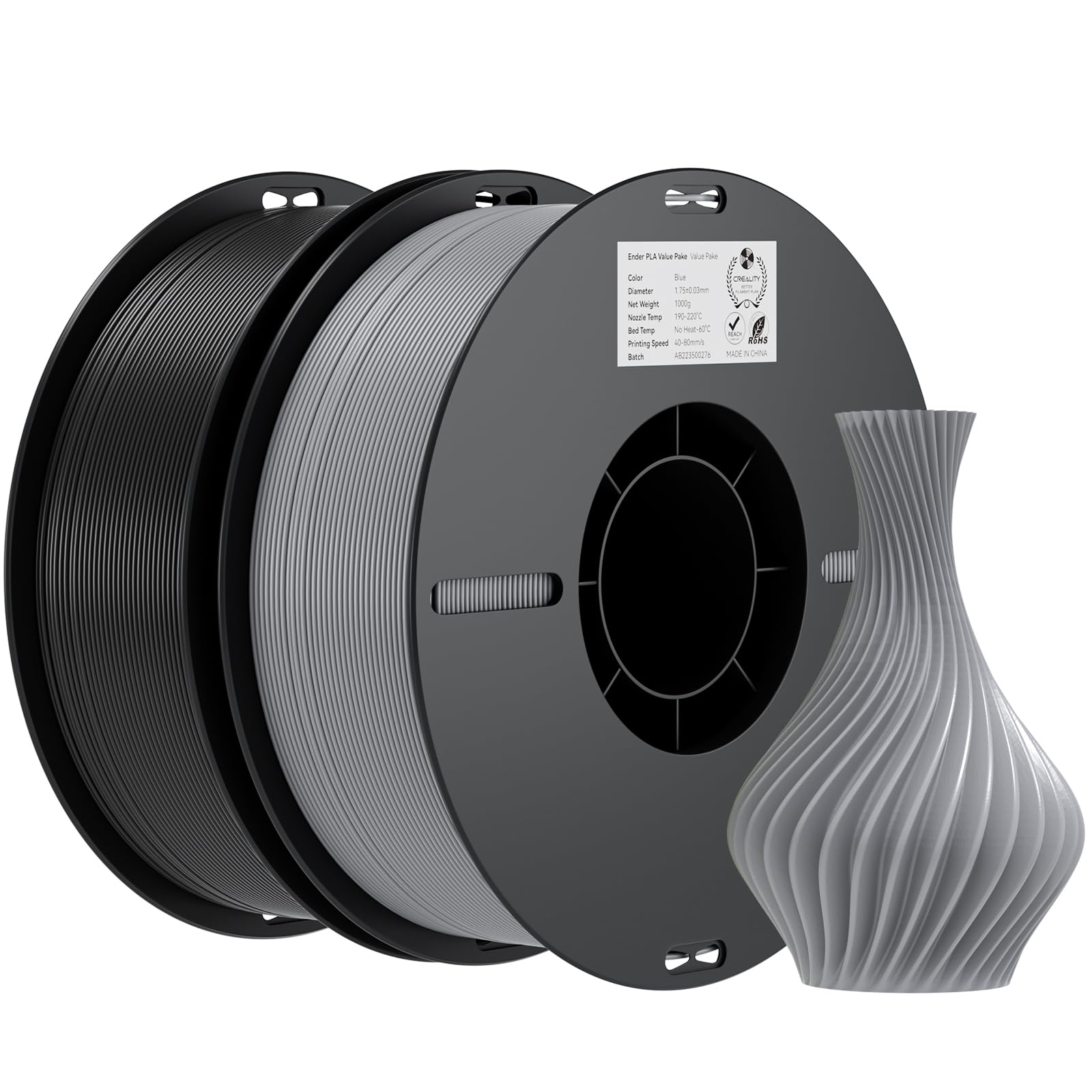 Creality PLA Filament 1.75mm, Grey &amp; Black, 2‑Pack, 2KG Total