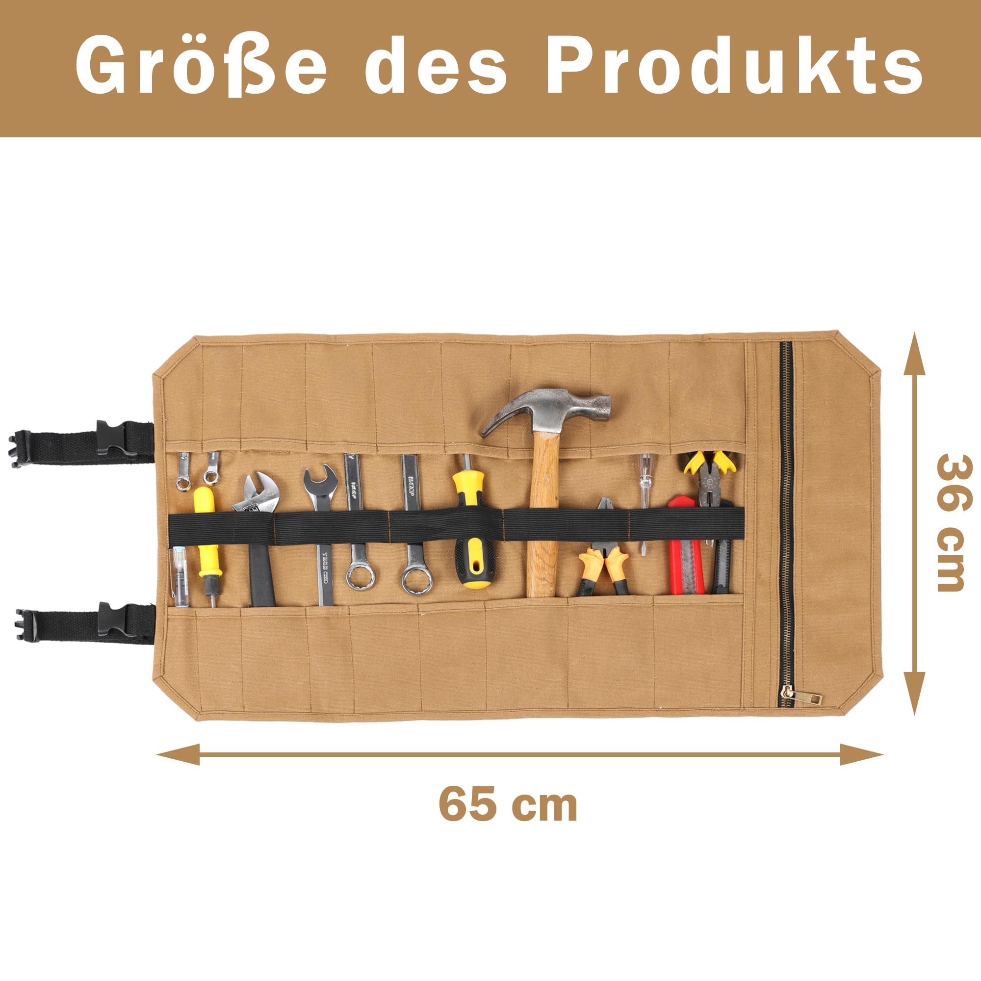Rouleau à Outils, Toile Cirée Durable, Idéal pour mécanicien et maintenance, 18 poches et 1 poche zippée, Kaki, 65x36cm