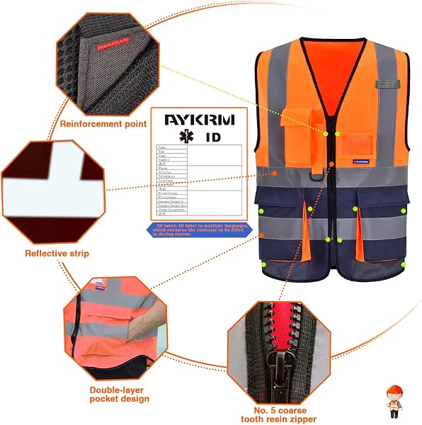 AYKRM 21 Couleurs 7 Poches de Classe 2" Gilet de sécurité Orange bleu Marin Haute visibilité Devant avec des Bandes réfléchissantes Unisexe - 3