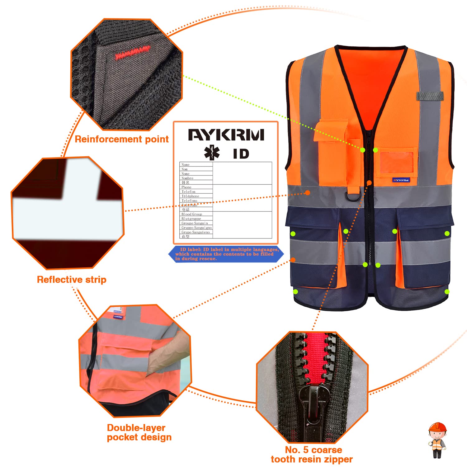 AYKRM 21 Couleurs 7 Poches de Classe 2" Gilet de sécurité Orange bleu Marin Haute visibilité Devant avec des Bandes réfléchissantes Unisexe - 3