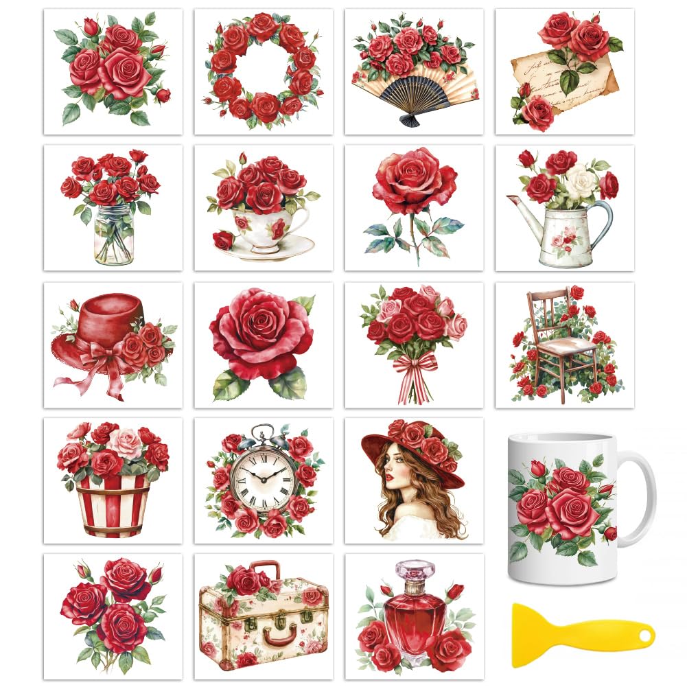 Peacoblue 18 Sheets Rub On Transfers for Crafts, Red Roses 3.6"x3.9" UV DTF Cup Wrap Waterproof Cold Transfers Stickers for Wood Glass Cup Tumblers Mirrors Mugs Home Decor