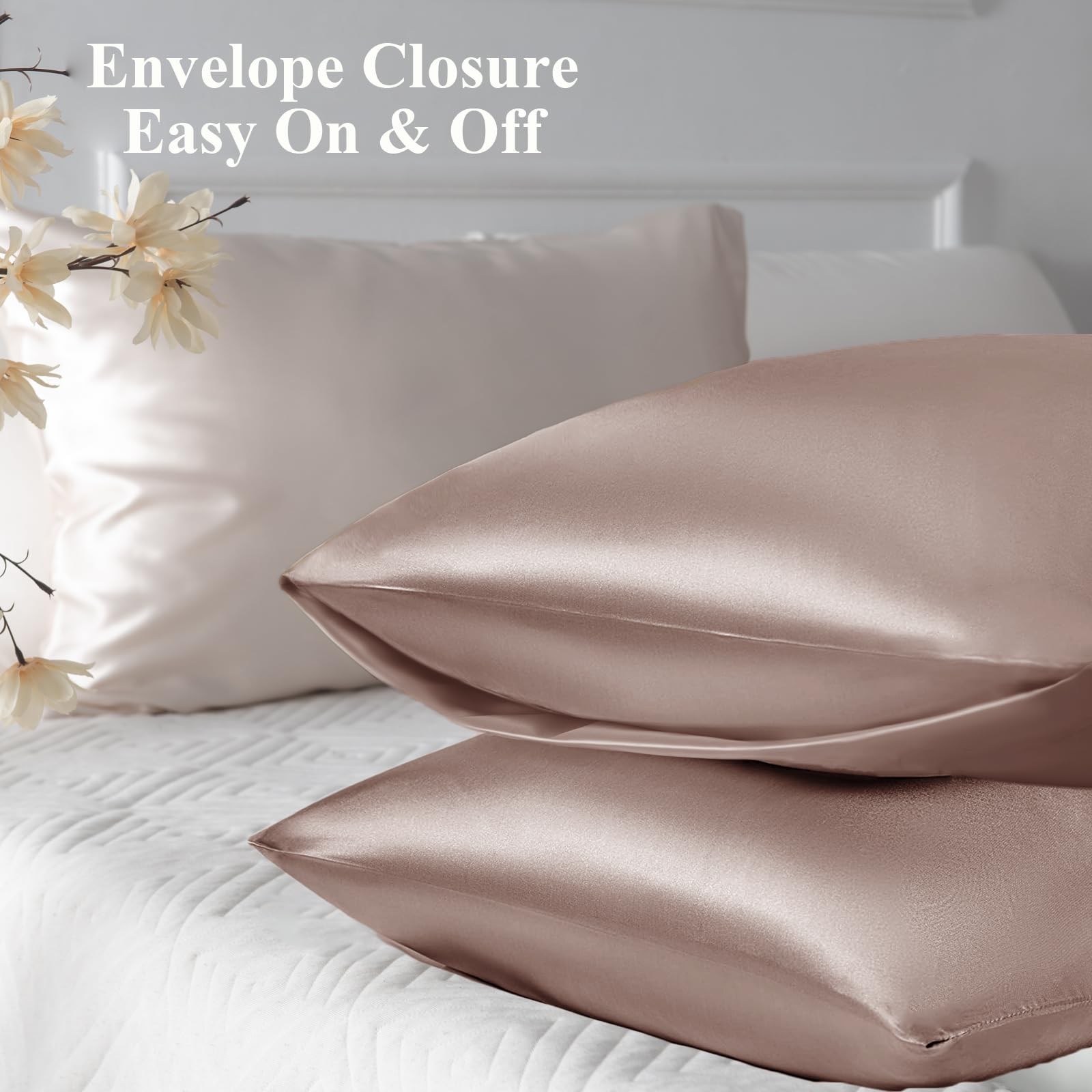 Vielit 2 Pack Satin Pillowcase for Hair and Skin Cooling,Soft as Silk Pillowcase for Hair and Skin,Easier Care than Silk Pillow Case Braun 50x75cm Gifts for Women Envelope & 2 Scrunchies - Image 3