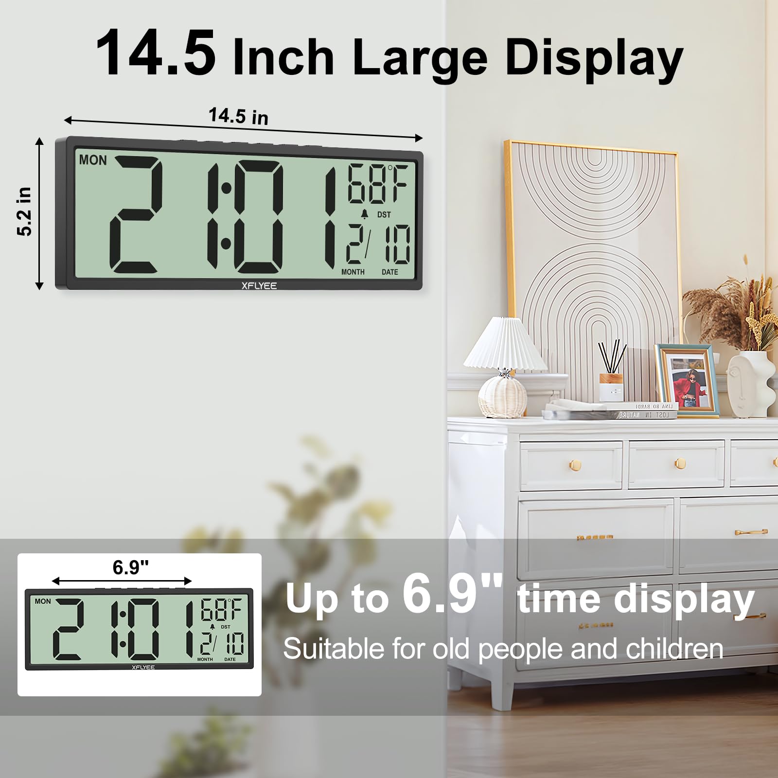 Xflyee 14.5'' Large Digital Wall Clock Battery Operated with Jumbo Numbers, Auto DST, Day, Date, Alarm, Temperature for Living Room, Bedroom, Desk Decor, Gift, LCD Screen Display Easy to Read and Set