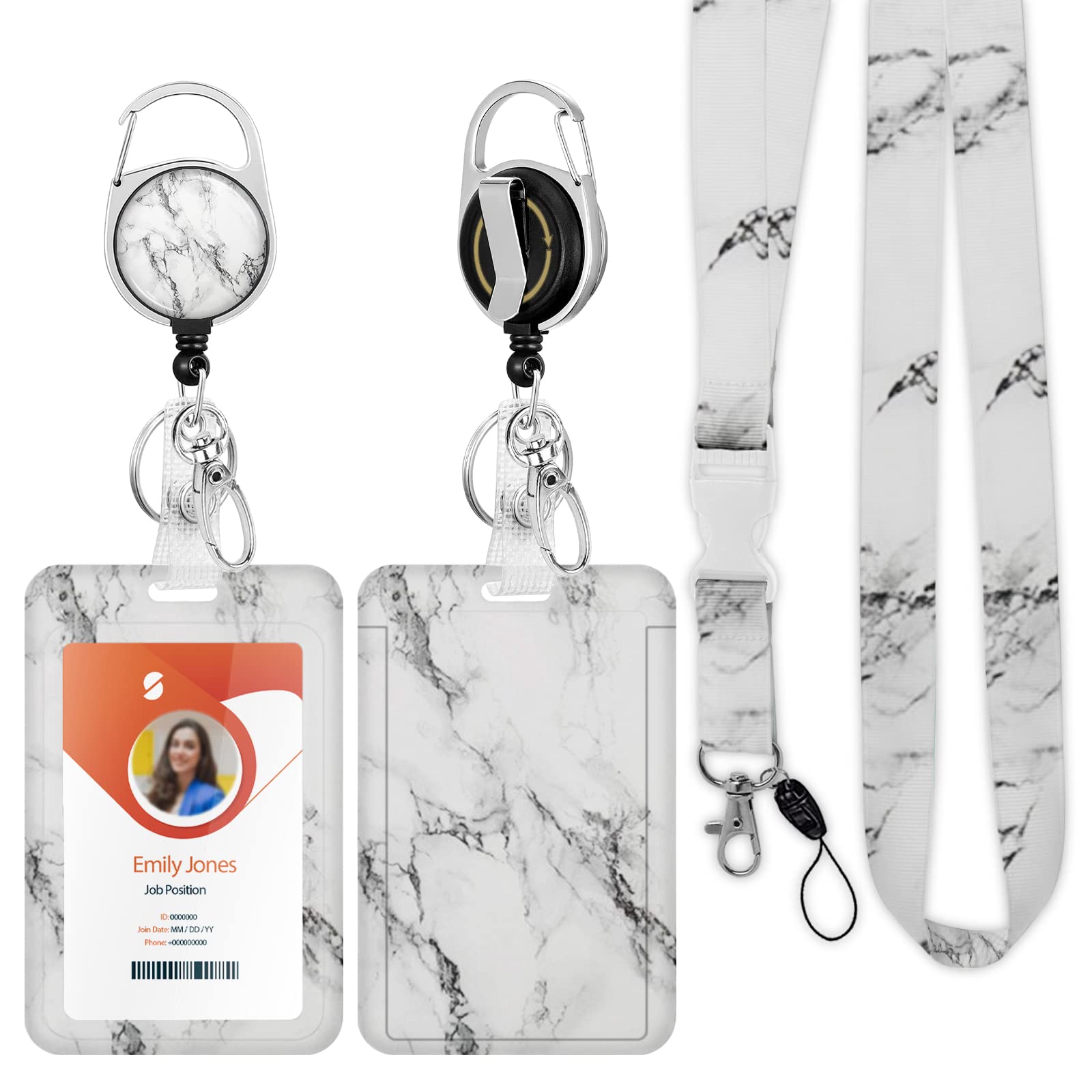 ID Badge Holder with Lanyard,Retractable ID Badge Card Holders Detachable Neck Lanyard Strap with Badge Reel and Vertical ID Holder for Nurse Students Teachers Office Staff(Marble White)