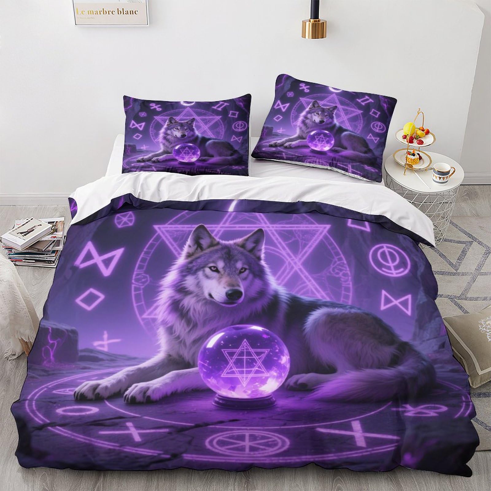 Lunar Tarot Wilk Pościel z mikrofibry Oddychająca mistycyzm Zwierzę Pokrowiec na kołdrę Poszewki King (220 x 240 cm)