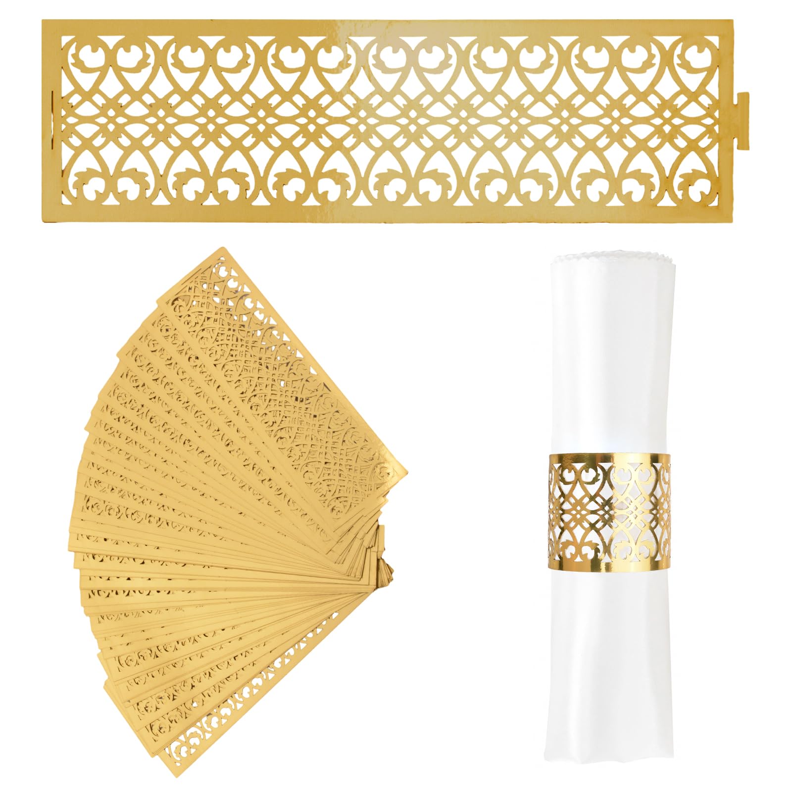 URROMA Juego de servilleteros dorados, 50 unidades, soporte para servilletas, diseño hueco para boda, fiesta, cena, decoración de mesa, eventos especiales y servicios de catering