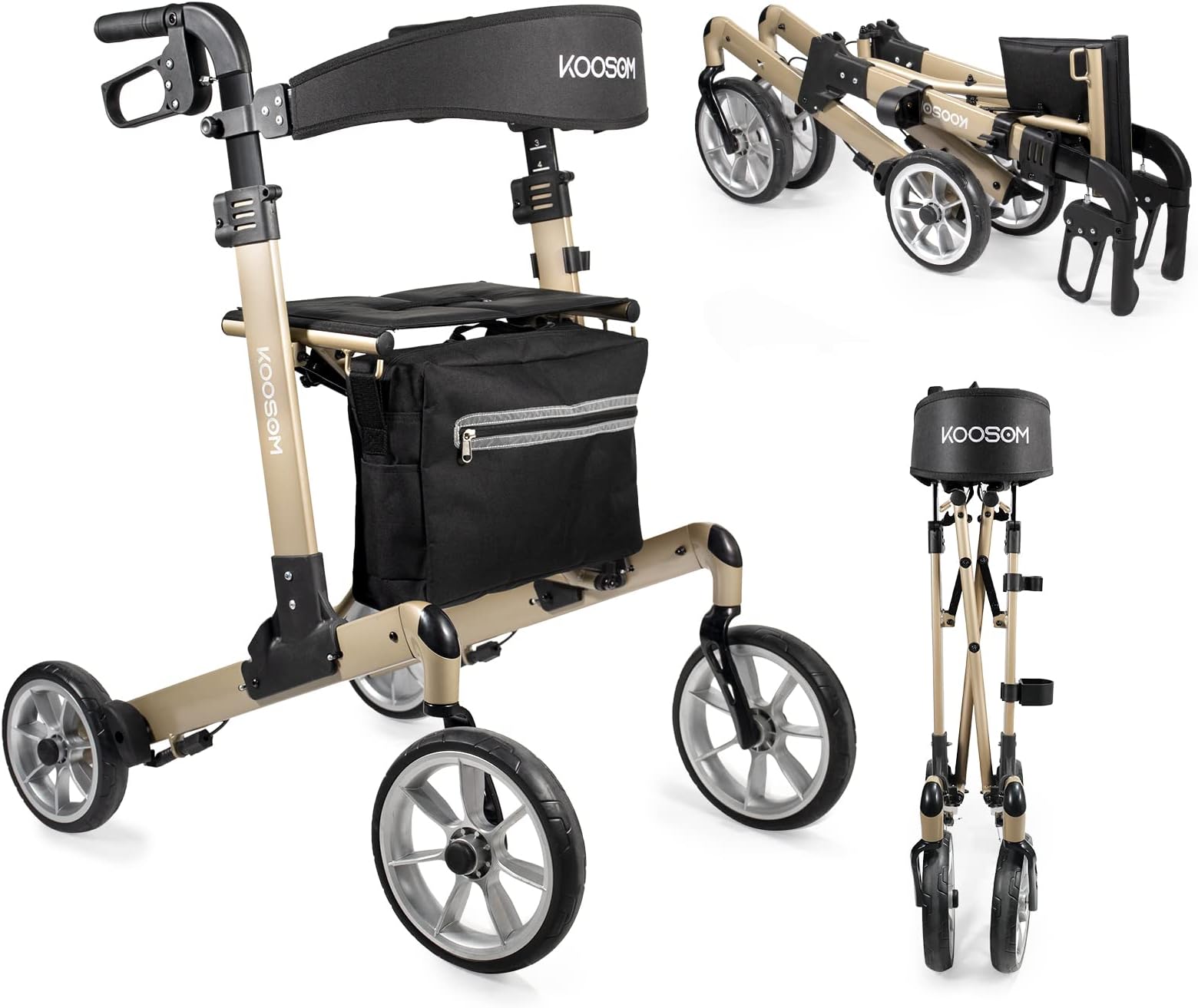 10" Front Wheels Rollator Walkers for Seniors Adjustable Height, Rollator Walker with Seat and Brakes Fold Up Heavy Duty Mobility Walking Aid for Adult Elderly, Gold, L