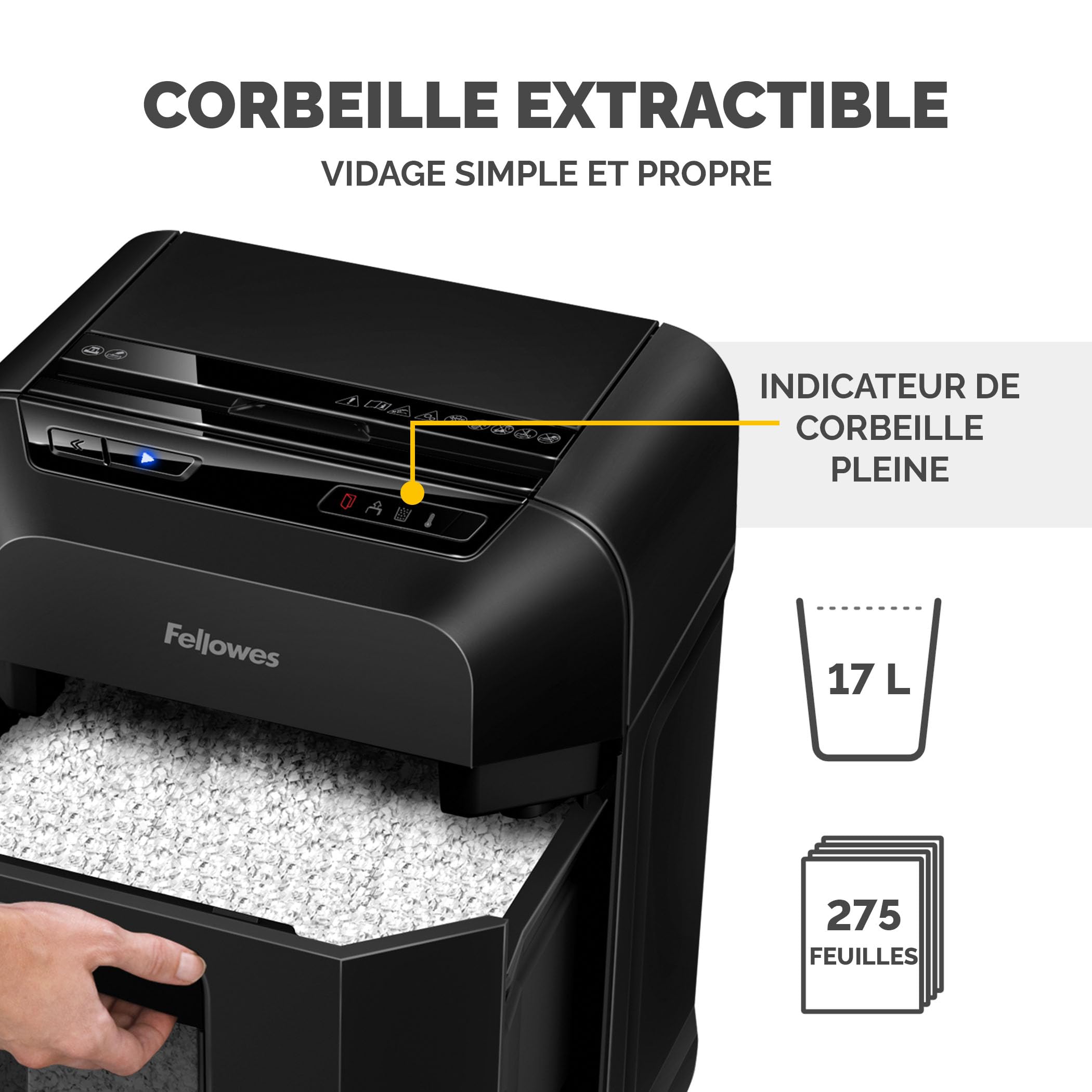 Fellowes Destructeur Hybride AutoMax 90M 90 Feuilles Automatique 9 Manuel P4 Sécurité 17 L Noir