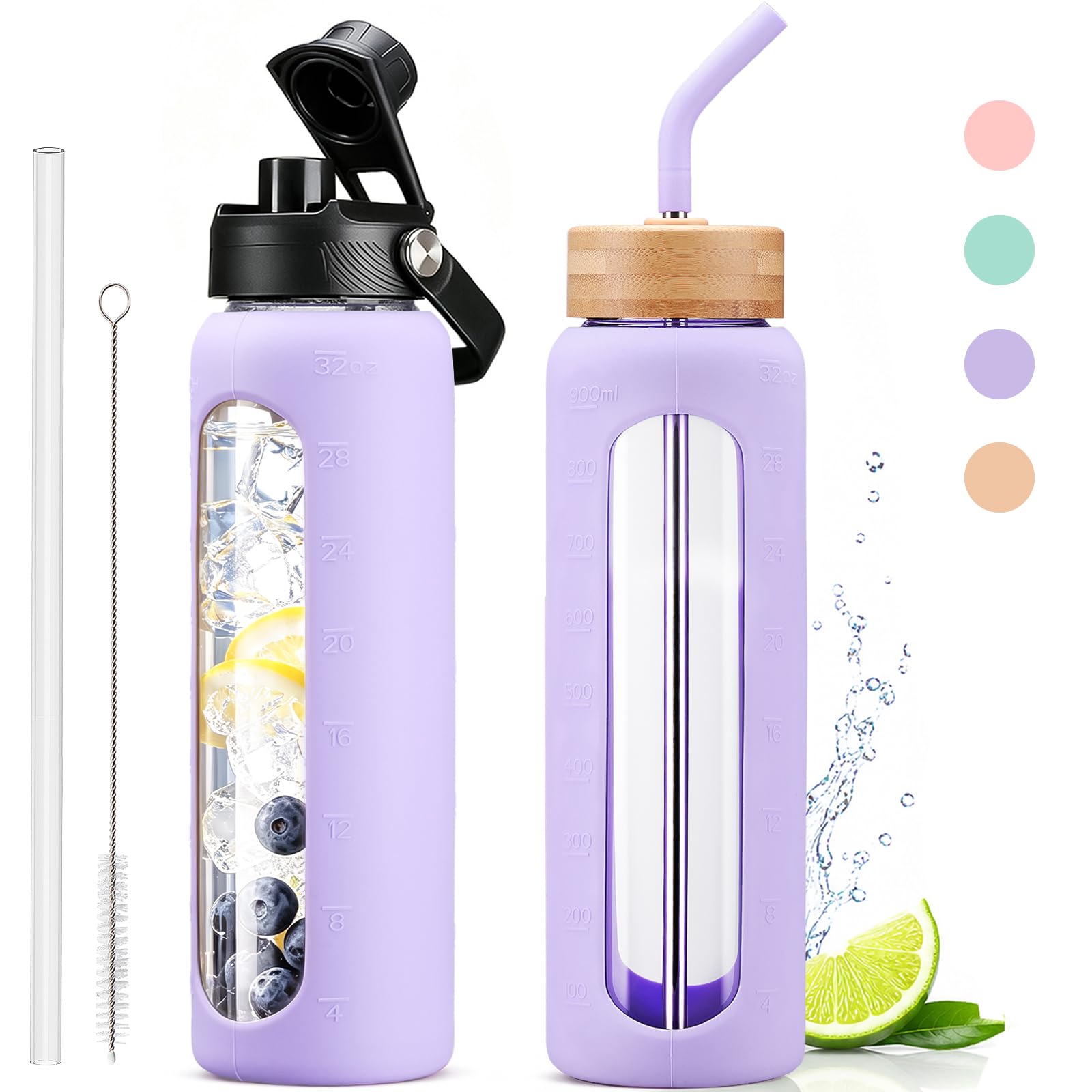 32oz Glass Water Bottle with Straw and 2 Lids, Purple