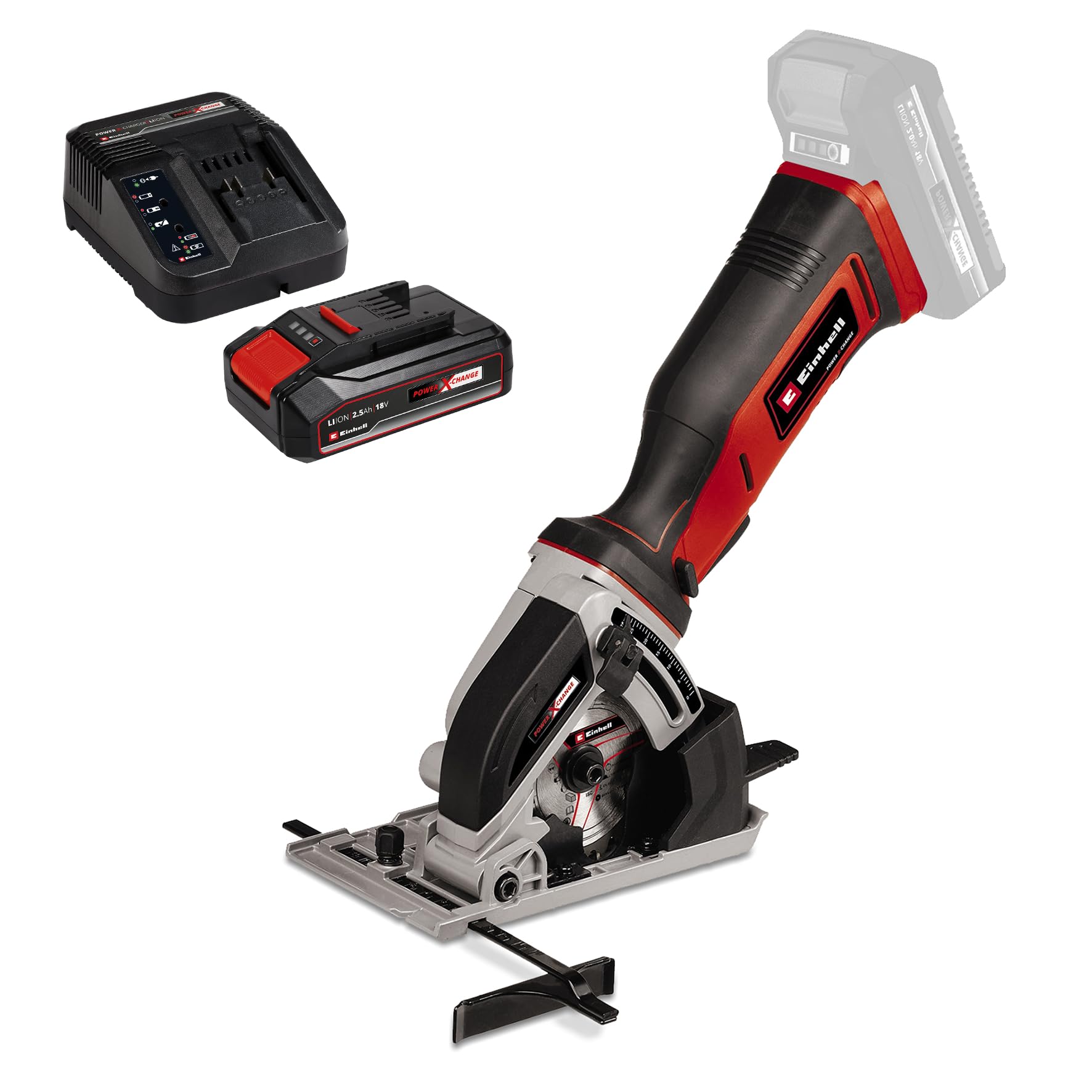 Einhell Akku-Mini-Handkreissäge TE-CS 18/89 Li Power X-Change (Lithium-Ionen, 18 V, max. 28 mm, Sägeblatt Ø 89 mm, Absaugadapter, Parallelanschlag, inkl. 2,5 Ah Akku und Ladegerät)