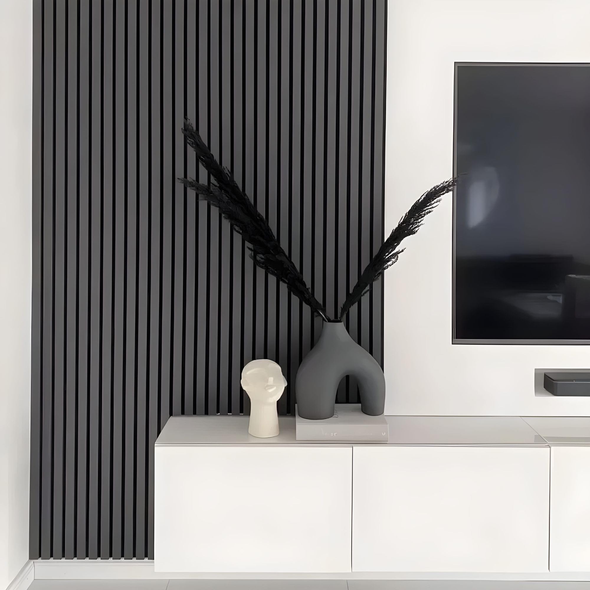 HEXIM Pannelli Acustici 138,5x60cm - Parete a Lamelle Flessibile Legno MDF Pannelli Murali Rivestimento a Lamelle Rivestimento Murale (8 pannelli / 6,64 m² Black Lead - APH05)