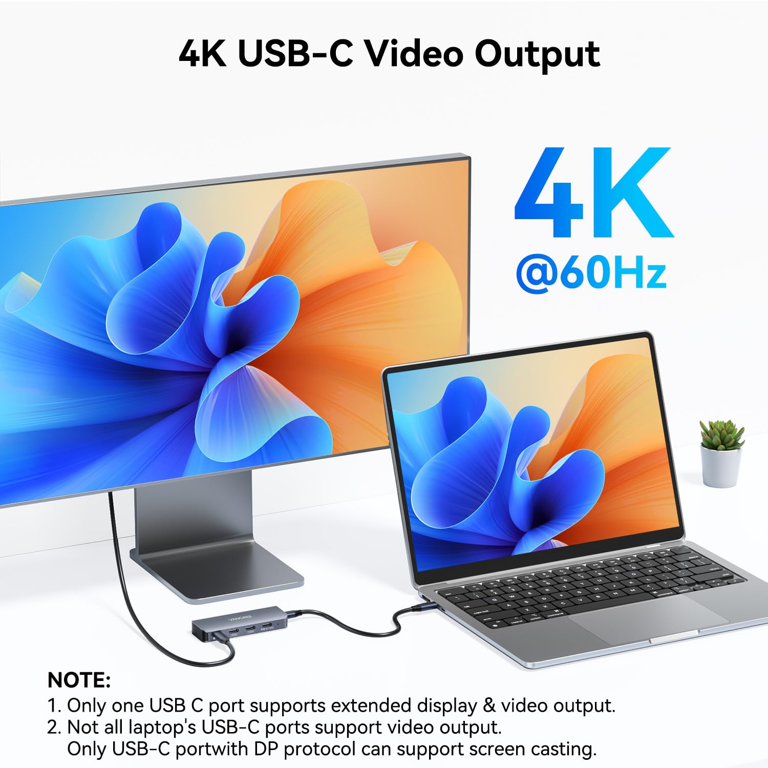 Hub USB C de 4 puertos con cable extraíble, 2 puertos USB-C 3.0 de 5 Gb/s, modo USB C DP Alt 4K @ 60Hz, PD 100W, adaptador multipuerto divisor USB C para MacBook Pro, iPad, iPhone 15, monitor USB-C,