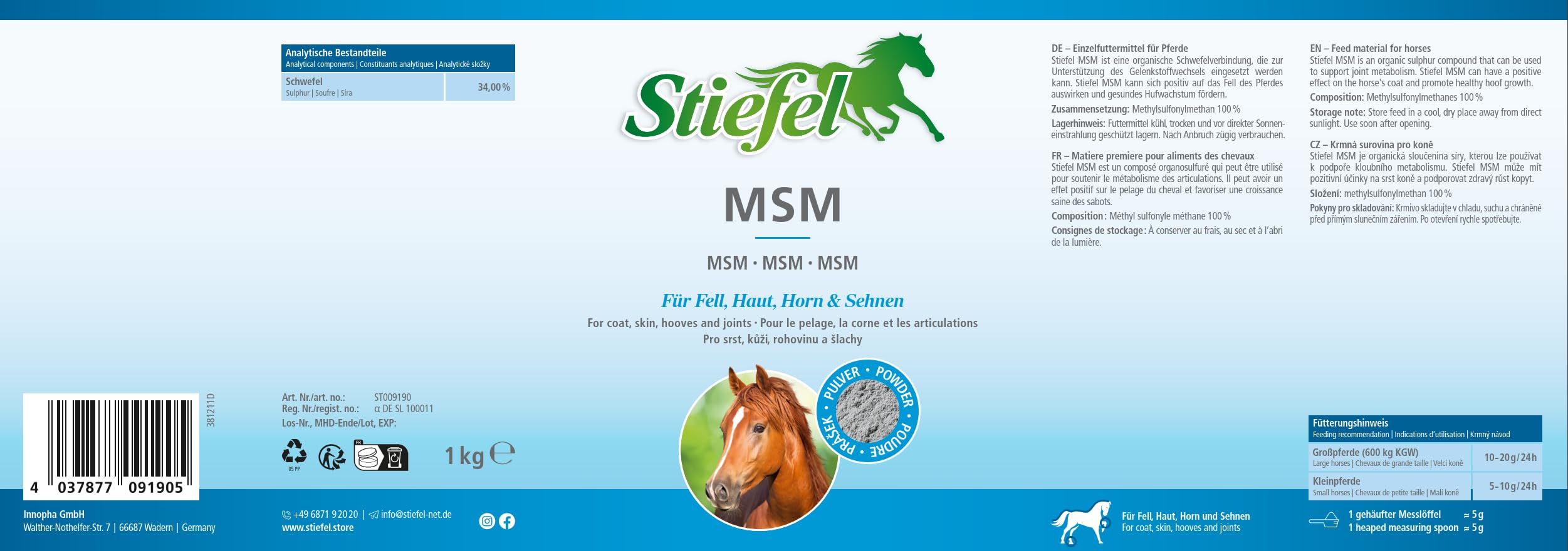 Stiefel MSM per cavalli, MSM naturale al 100%, in caso di problemi articolari, artrosi, effetto positivo sulla pelle, pelliccia, zoccolo, crescita di zoccoli, cavoli, metilsulfonilmetano ha un effetto analgesico