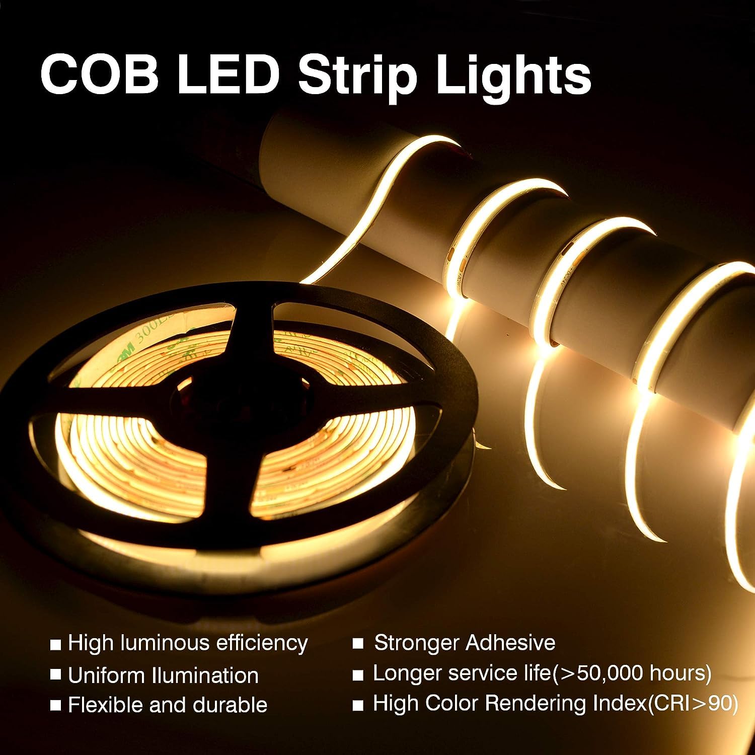 Tira LED COB 15m, Tira LED Blanco Calido con 384 LEDs/m, Ancho 10mm, 9w/m, CRI 92+, 24V Tiras LED para Dormitorio, Cocina, Espejo (sin Fuente de Alimentación), 3000K