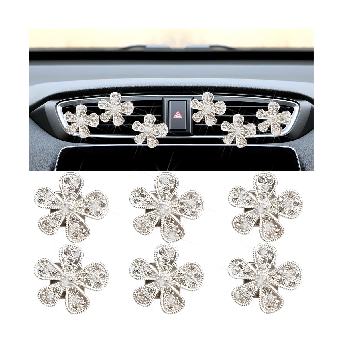 Mandark 6PCS Bling Daisy Flower Car Air Vent Clip, Crystal Rhinestone Vehicle Air Vent Outlet Clip, Cute Auto Air Conditioning Clip Charm Interior