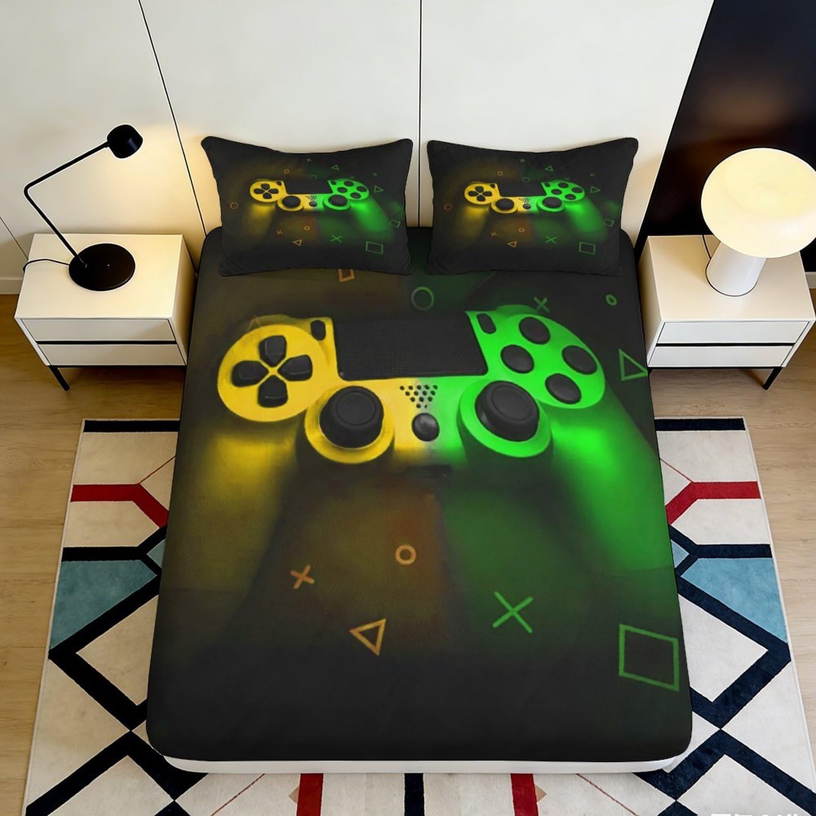 Dhbaneiok Style-8 3D Printed Game Controller Fitted Sheet Microfiber Soft Black Neon Light Pattern Mattress Cover For Bedroom Dorm Decor 90X200x25cm