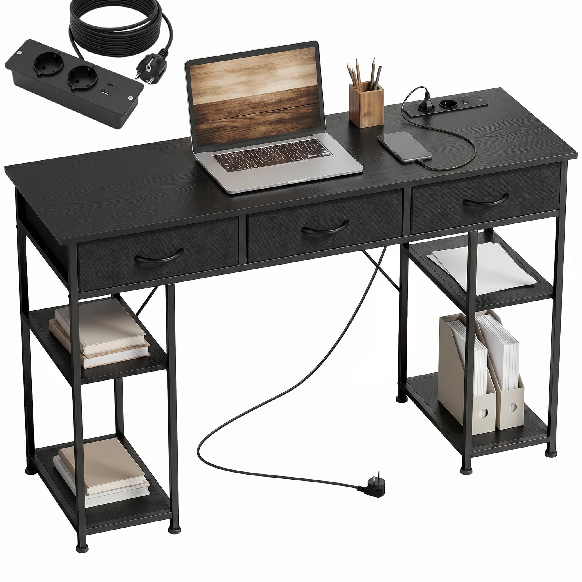 HOMCOM Scrivania per computer con 2 prese di ricarica USB e 2 prese di corrente, scrivania con deposito 120 x 40 cm, ripiani regolabili e 3 cassetti in tessuto, postazione di lavoro, telaio in acciaio
