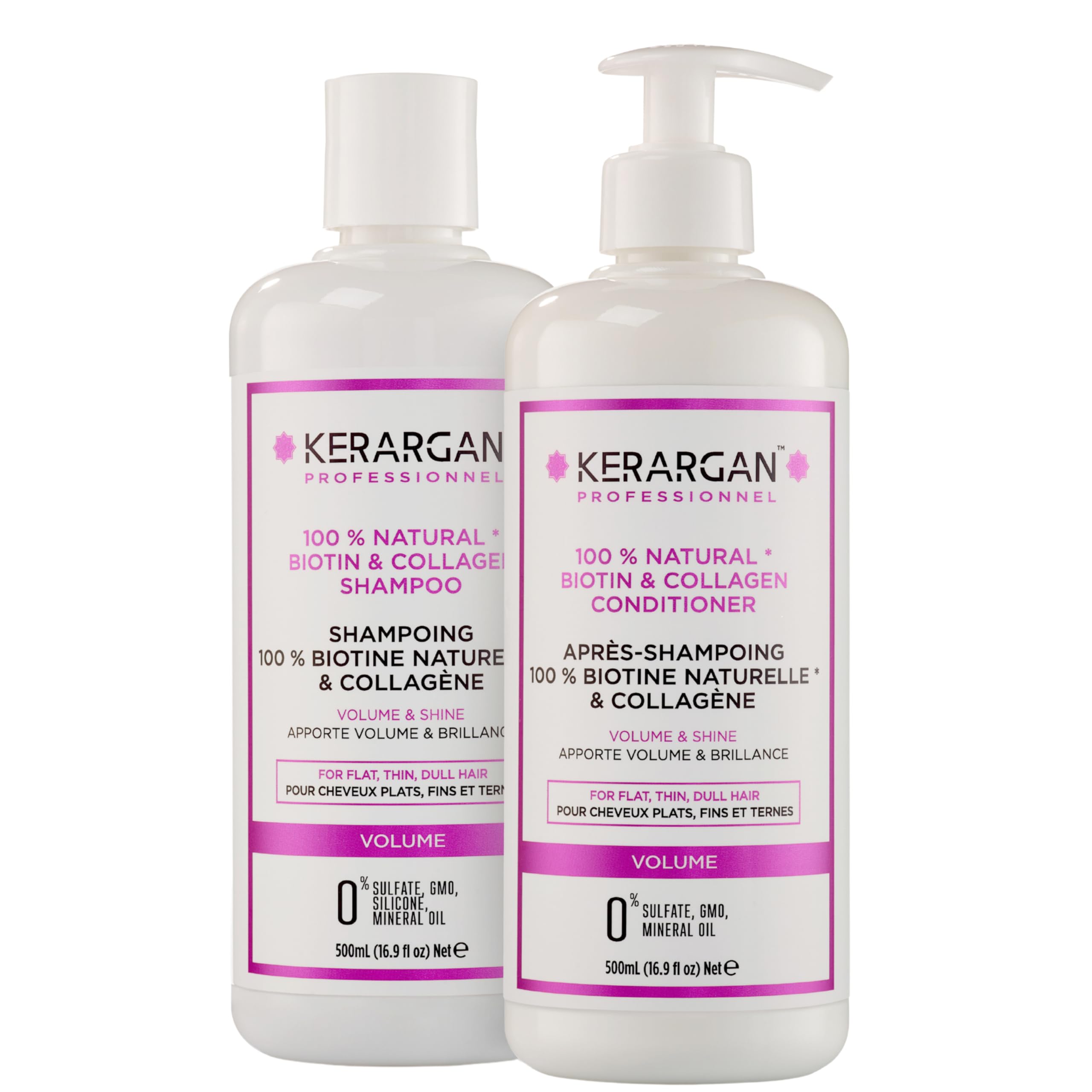 Kerargan - Duo Voluminizador Champú & Acondicionador con Biotina & Colágeno para Cabello Plano, Fino y Apagado - Aumenta Brillo & Estructura - Sin Sulfatos, GMO, Silicona, Aceite Mineral - 2x500ml | Champú y acondicionador para limpiar, desenredar y aport