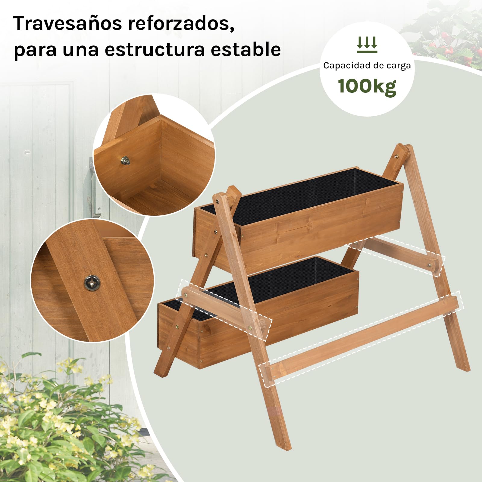 WOLTU Huerto Urbano Vertical de 2 Niveles, Jardineras Exteriores, Huerto Elevado con Estanterías para Verduras, Frutas y Flores, Maceta Madera de Plantas en Escalera, 80x62x68 cm, Marrón