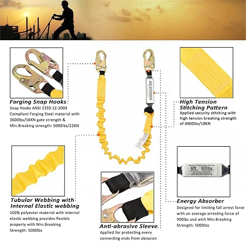 Miniatura 4 de Paquete de 2 Cordón de seguridad elástico con amortiguador de choque de 6 pies con conectores de doble gancho a presión, equipo de protección contra