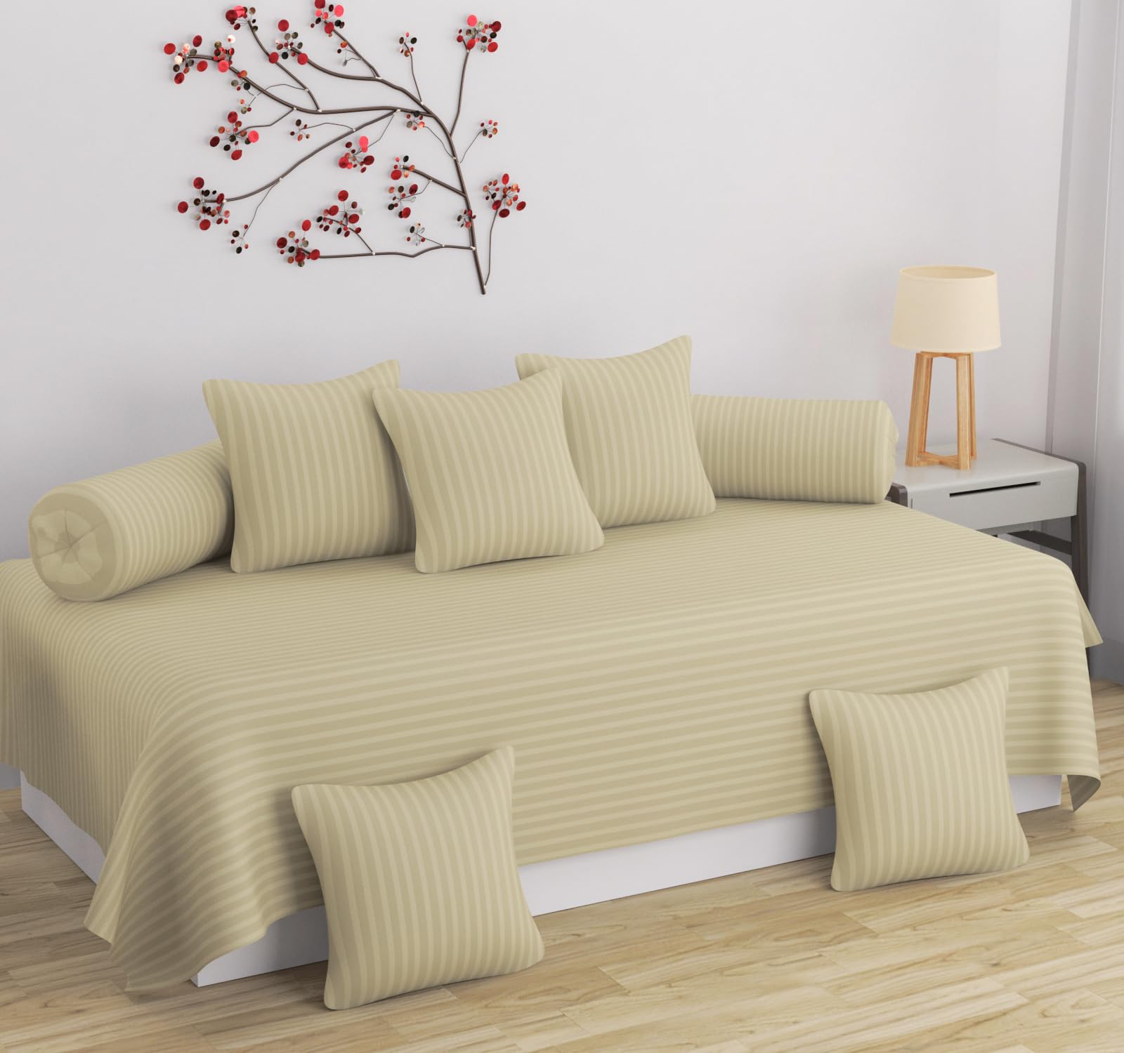 Homefab India 160 TC Stripe Glace Cotton Diwan Set - 8 Piece - Ecru