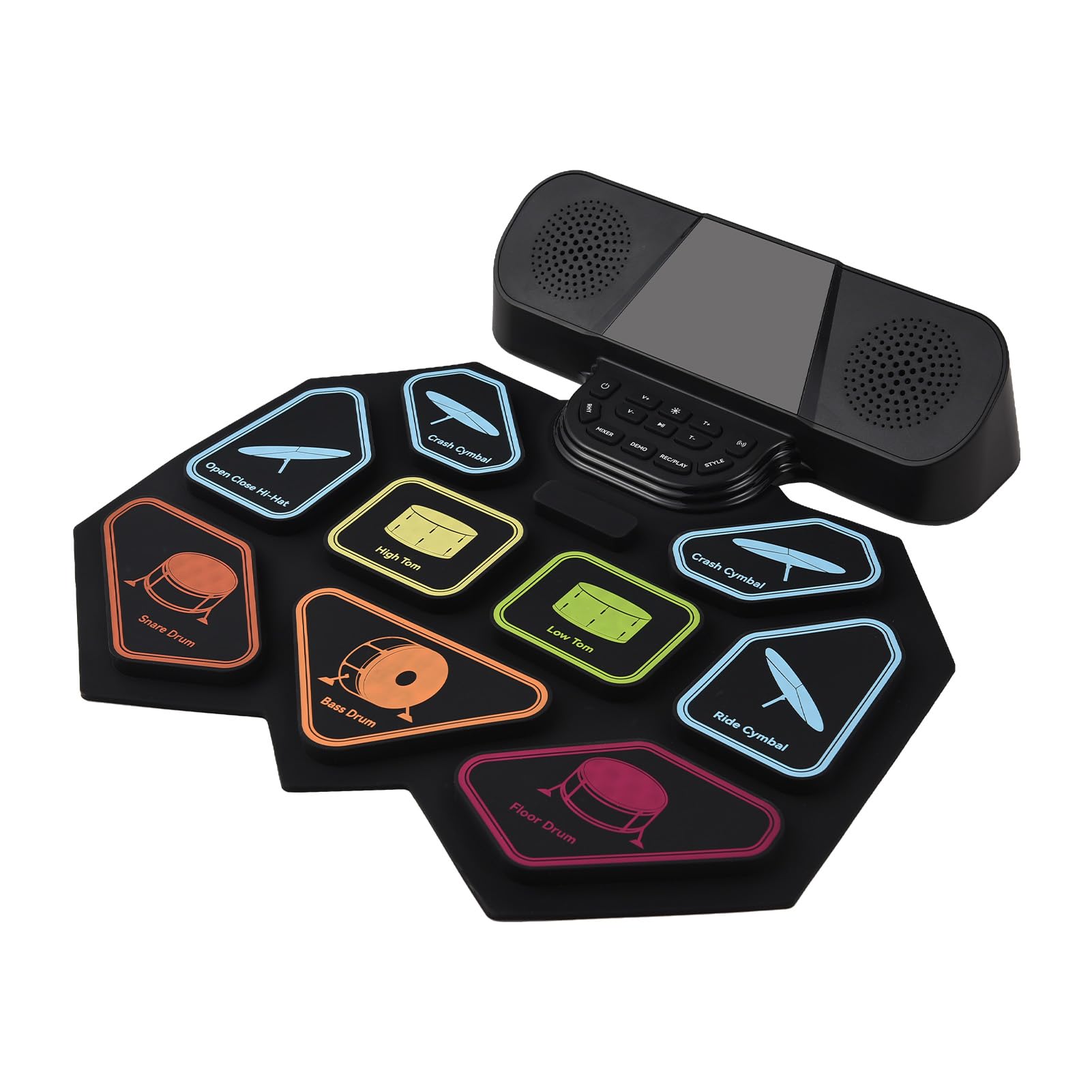 Batería Electrónica Portátil, Kit de Batería de Mano con Luces LED, Recargable, Ligera, 9 Pads, Pad Práctica, Baquetas para músicos. (Negra)