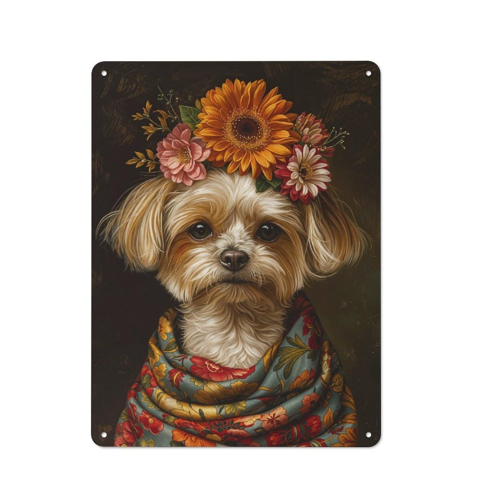 Junmoney Dog With Flowers Tin Wall Plaque 40X30cm With For Kitchen Or Home Bar, Suited To Kitchen Decor Lovers