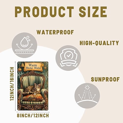 Miniatura 2 de Cartel de metal con texto en inglés "Warm Winter Wishes Cat", divertido letrero de invierno, decoración de pared rústica para patio trasero, casa de