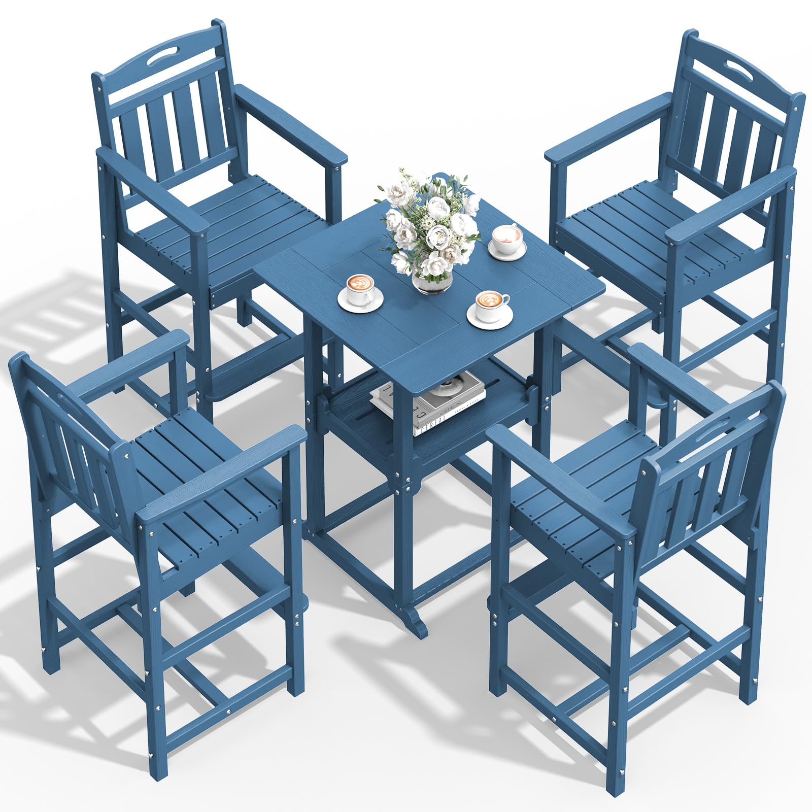 Outdoor Bistro Bar Set, Patio High Top Table and Bar Height Tall Adirondack Chairs Set of 4, All-Weather HDPE Square Pub Furniture for Outside Balcony Backyard Pool Deck | 5-Pieces, Navyblue