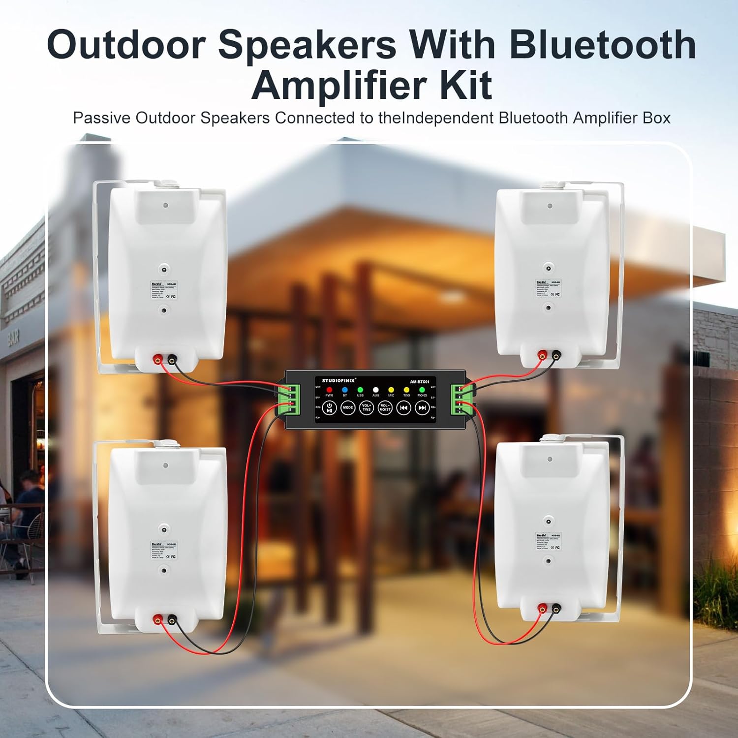 6.5 Inch Max 800W Outdoor Bluetooth Speakers Waterproof Wired with Multifunctional Amplifier Wall Mount Outdoor Speaker System for Patio Garden Poolside Home(4 Speakers,White) - Image 4
