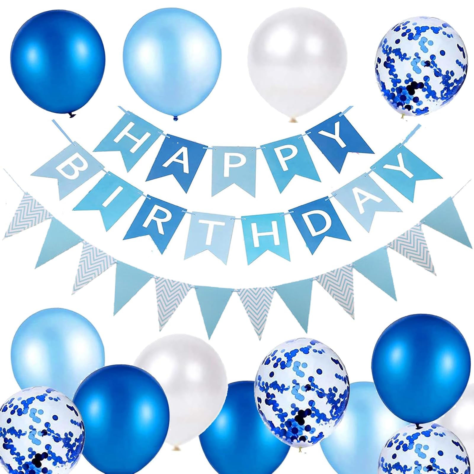 Luftballons Geburtstag Dekoration Set, blau weiße Geburtstagsdeko Happy Birthday deko Banner Party Deko Geburtstag Set mit Luftballons Konfetti Ballons Dreiecksflaggen Girlanden（Blau+PT)