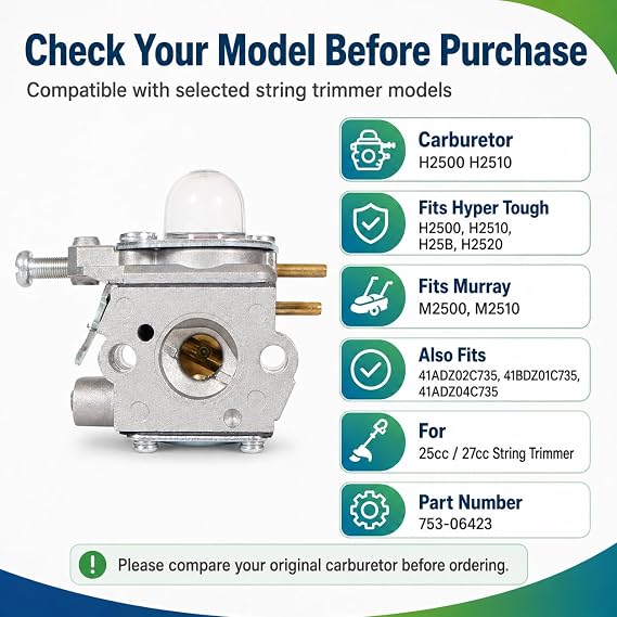 RuiXing OEM H2500 H2510 Carburetor for Hyper Tough H2520 H25B H2500 Trimmer | Fit Hyper Tough 41ADZ02C735 41BDZ01C735 41ADZ04C735 Murray M2500 M2510 25cc 27cc String Trimmer Part 753-06423