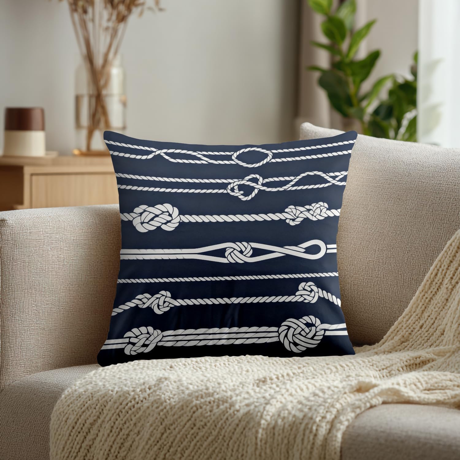 Navy Pillow Covers, Marine Rope Knot Endless Navy with White and Lumbar 20 x 20 Inches Decorative Throw Pillow Covers Cotton Cushion for Sofa Bedroom Car, White 01, Set of 2