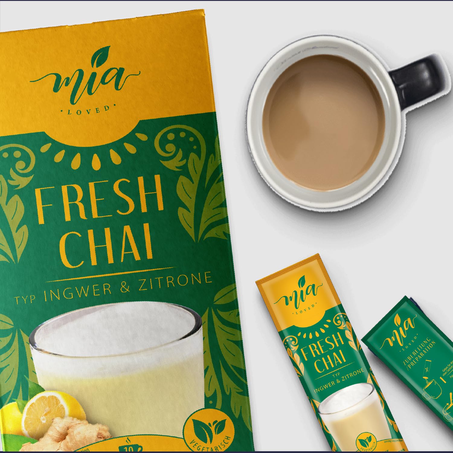 MIA Fresh Chai Ingwer & Zitrone Milchtee Getränkepulver, 16er Pack x (10 Sticks x 25g), einfache Zubereitung, löslich, 160 Tassen, Vorratspackung