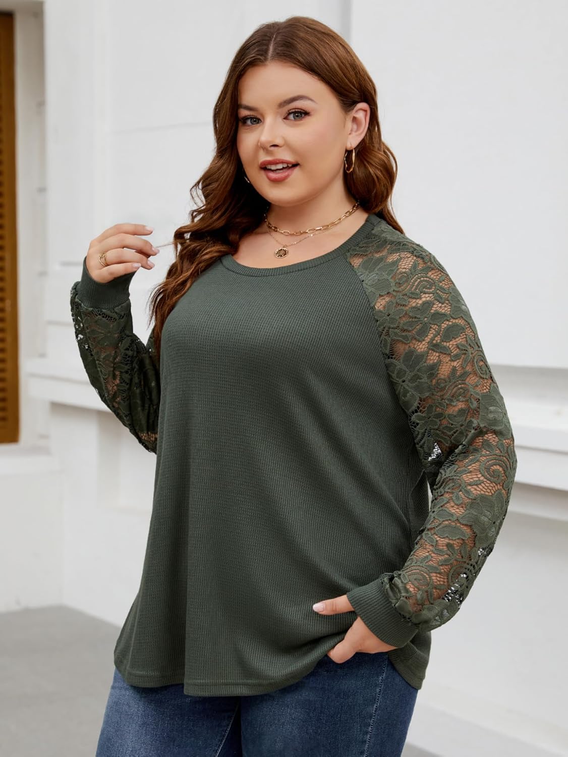 SCOMCHIC Plus Size Tops for Women Elegant Lace Long Sleeve Blouses Crew Neck Fall Dressy Shirts Loose Casual Tunics Tops - Image 3