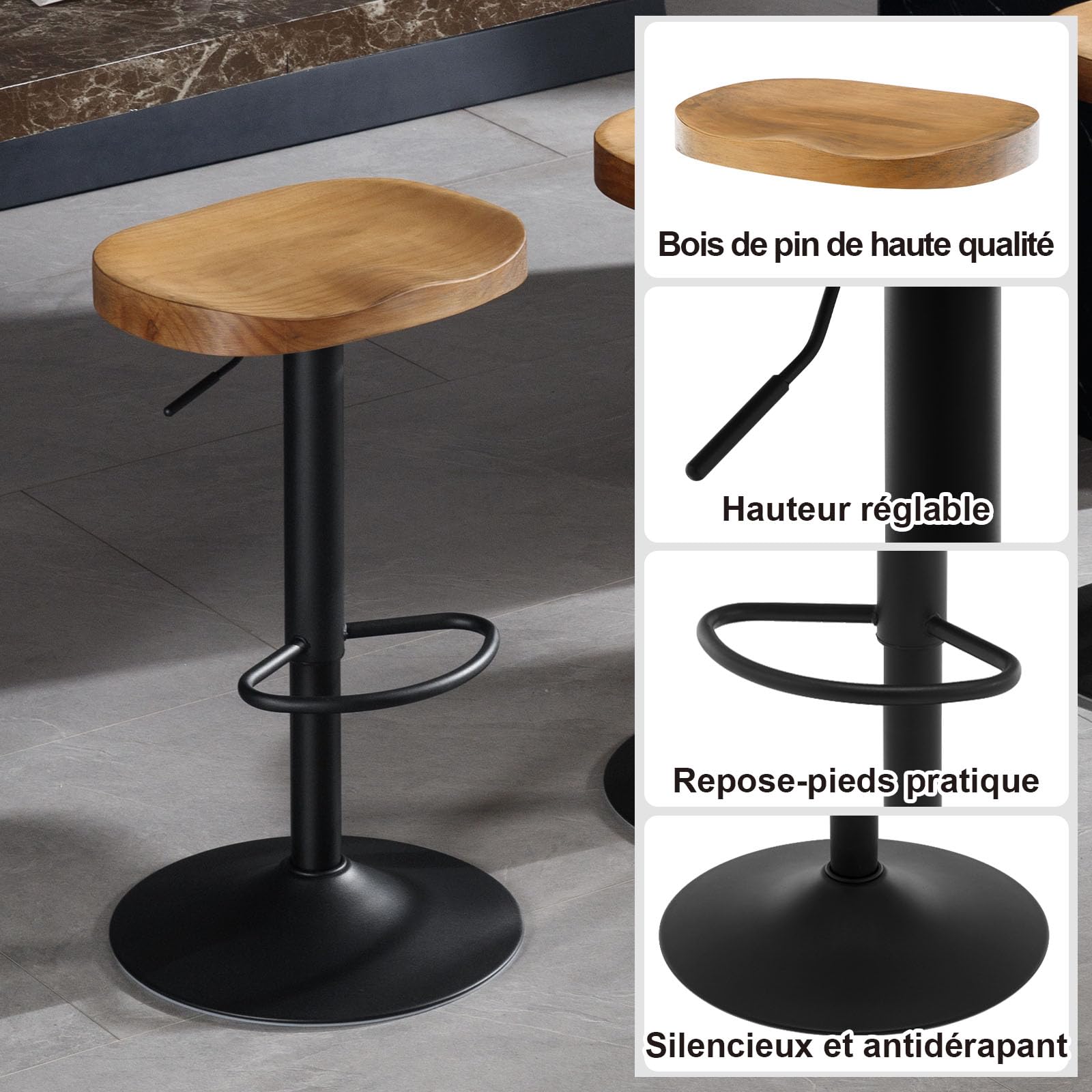 WOLTU Tabouret Bar, Chaise de Bar, en Bois, Cadre en Métal, Réglable en Hauteur, Pivotant à 360°, avec Repose-Pieds, Industriel, Chêne foncé, BH413dc-1