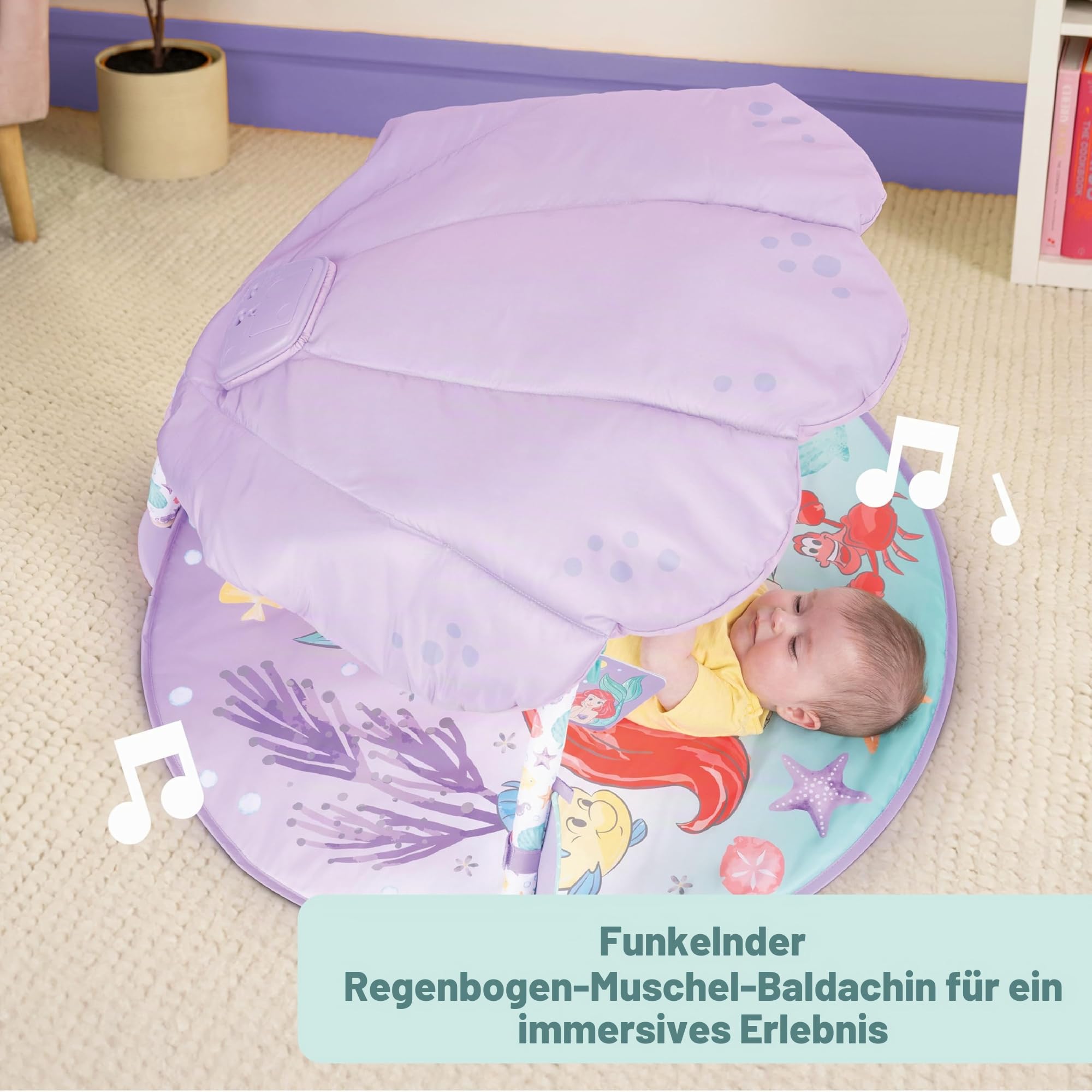 Bright Starts, Disney Baby Die kleine Meerjungfrau Twinkle Trove Spieldecke mit Spielbogen, 25 Minuten Melodien, 6 Spielzeuge enthalten, Neugeborene +
