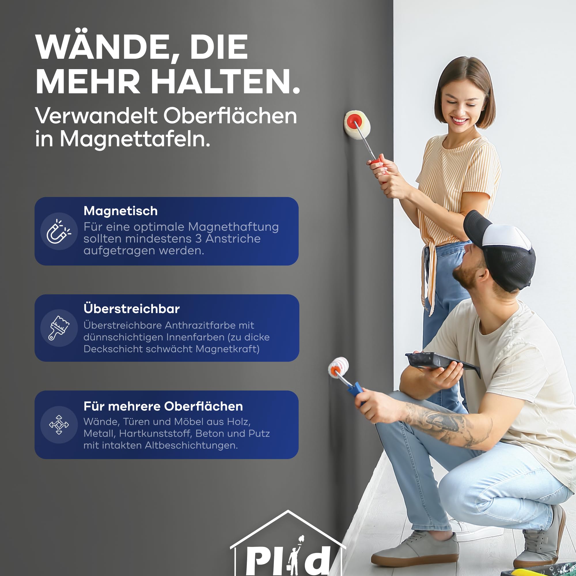 Plid® Magnetfarbe Extra Stark Anthrazitgrau [überstreichbar] - Magnetische Wandfarbe auf Wänden, Türen, Möbeln - z. B. Holz,-Metall- und Hartkunststoffoberflächen - Beton & Putzflächen 2,25L