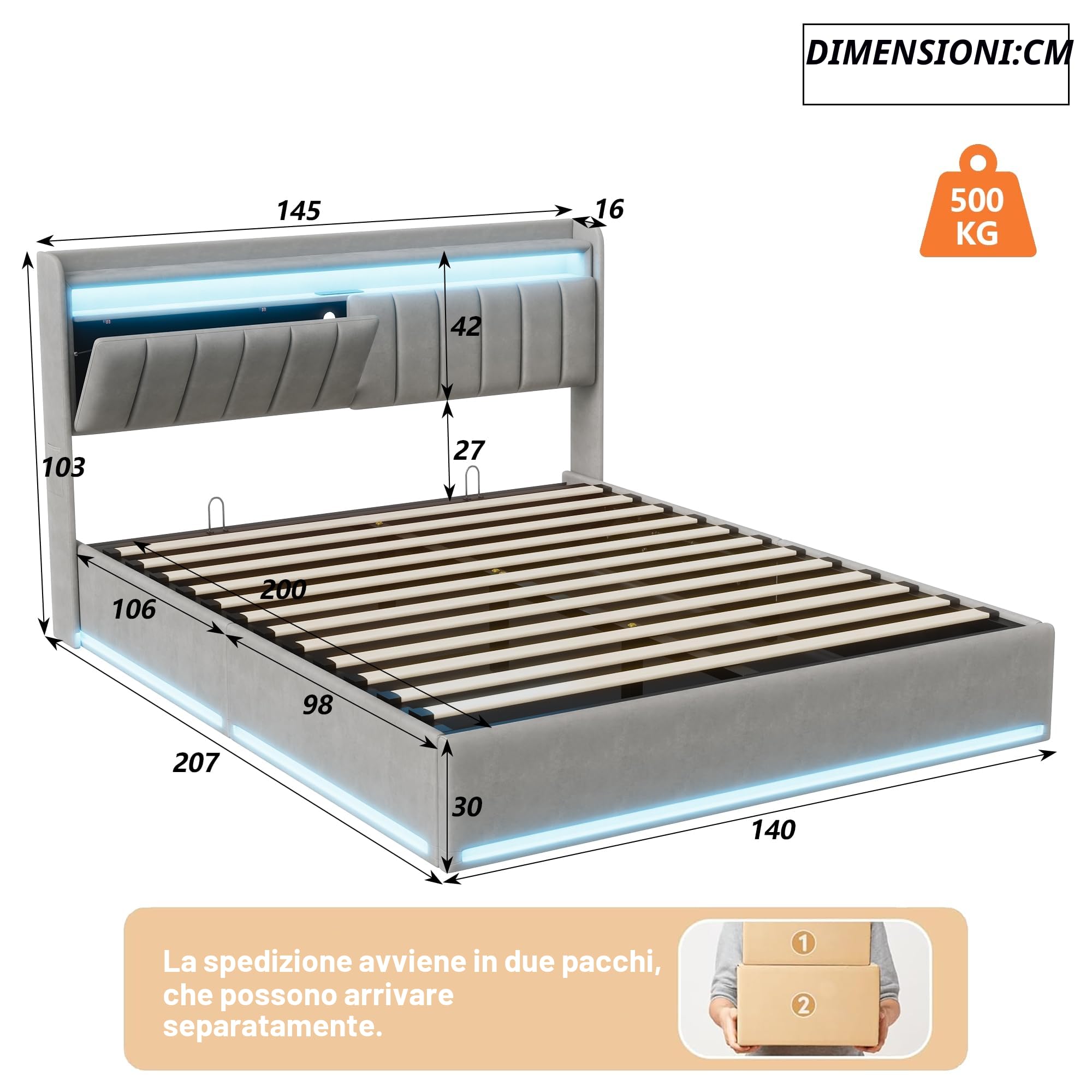 BRILVERDE Letto imbottito 140x200 con Contenitore idraulico, Letto matrimoniale a LED con USB, Funzionale con testiera, Struttura letto con rete a doghe, Velluto (Grigio, 140 x 200 cm)