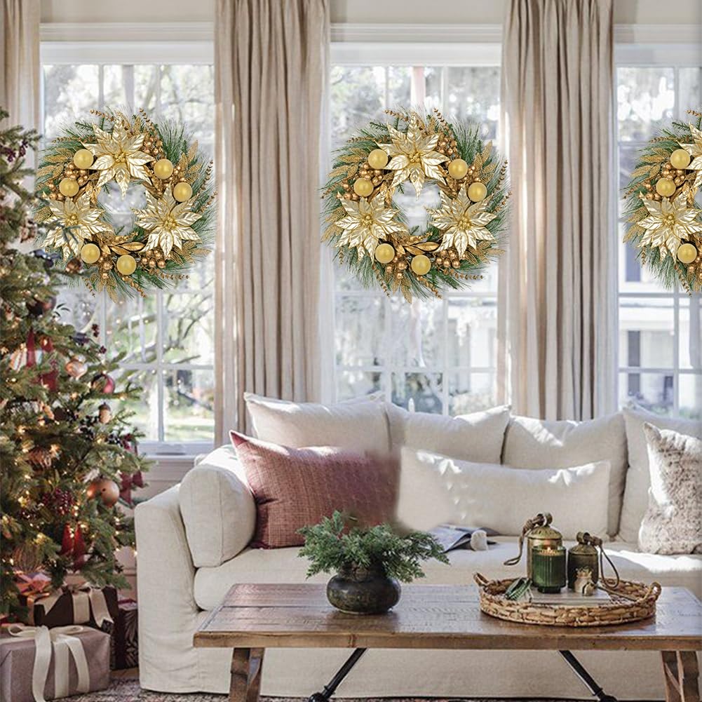 Décoration de Noël Couronne de l'Avent 60 cm Couronne de Noël Dorée Couronne Artificielle Couronne Murale Couronne de Table Noël Décoration de Noël Porte d'Entrée Table Mur Salon Chambre