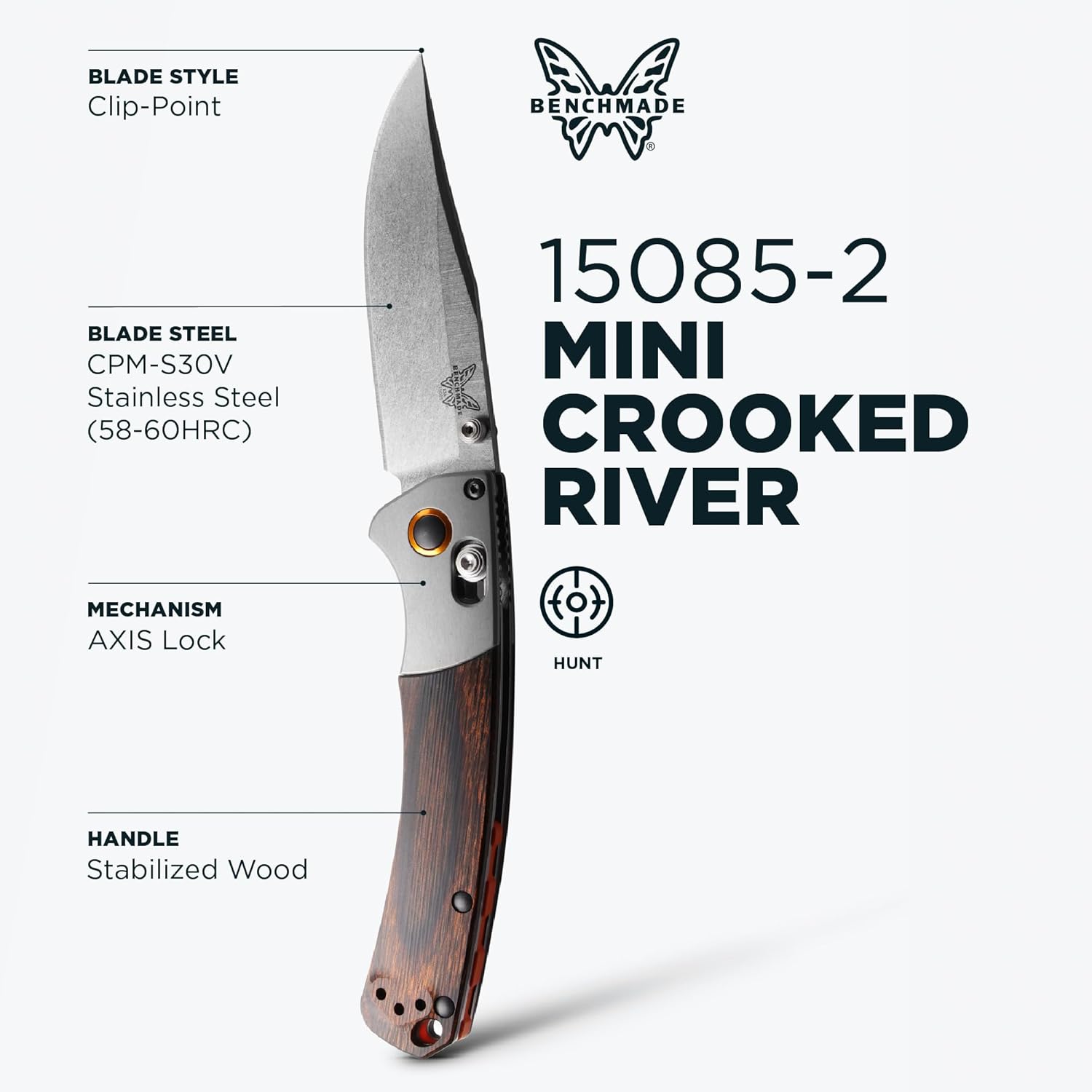 Benchmade - Mini Crooked River 15085 EDC Knife with Gray Aluminum & Wood Handle (15085-2)