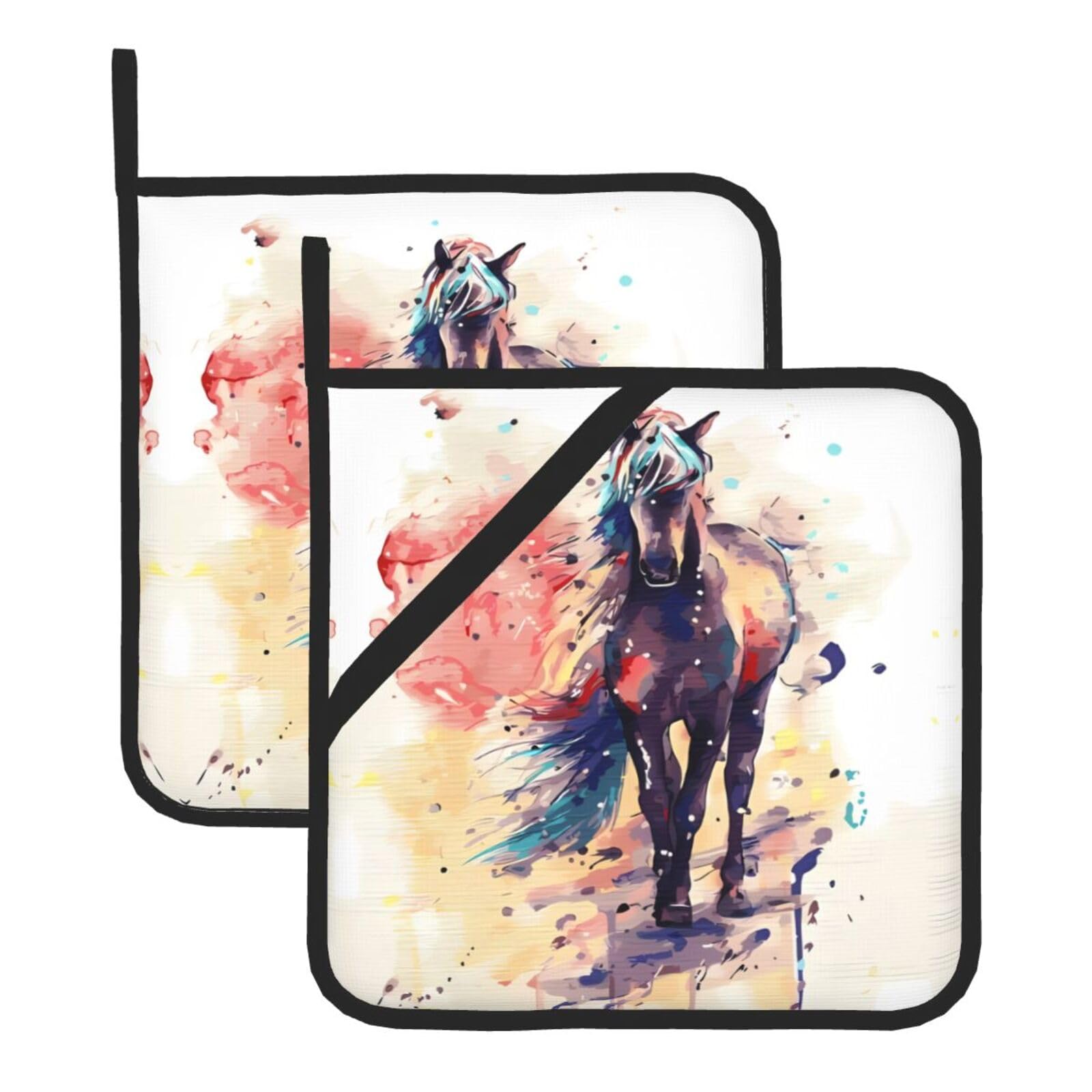 HJFCZH Watercolor Horse Prints Square Hot Pads for Kitchen Counter - Waterproof Pot Holders, Durable Heat Resistant Throw Layers for Serving, Oven & BBQ - 2 Pack