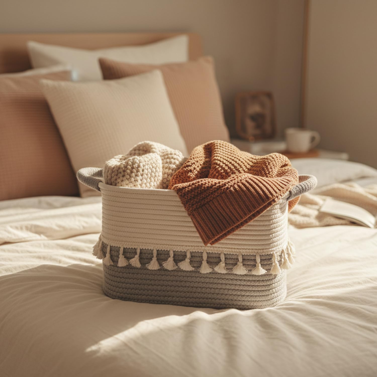 TeoKJ Cestini Intrecciati per Riporre Oggetti, in Corda di Cotone, Confezione da 3 Pezzi, Con Manici per Organizzare, Graziosi Cestini per Asilo Nido, Soggiorno, 38,1 x 25,4 x 22,9 cm, Bianco e Grigio