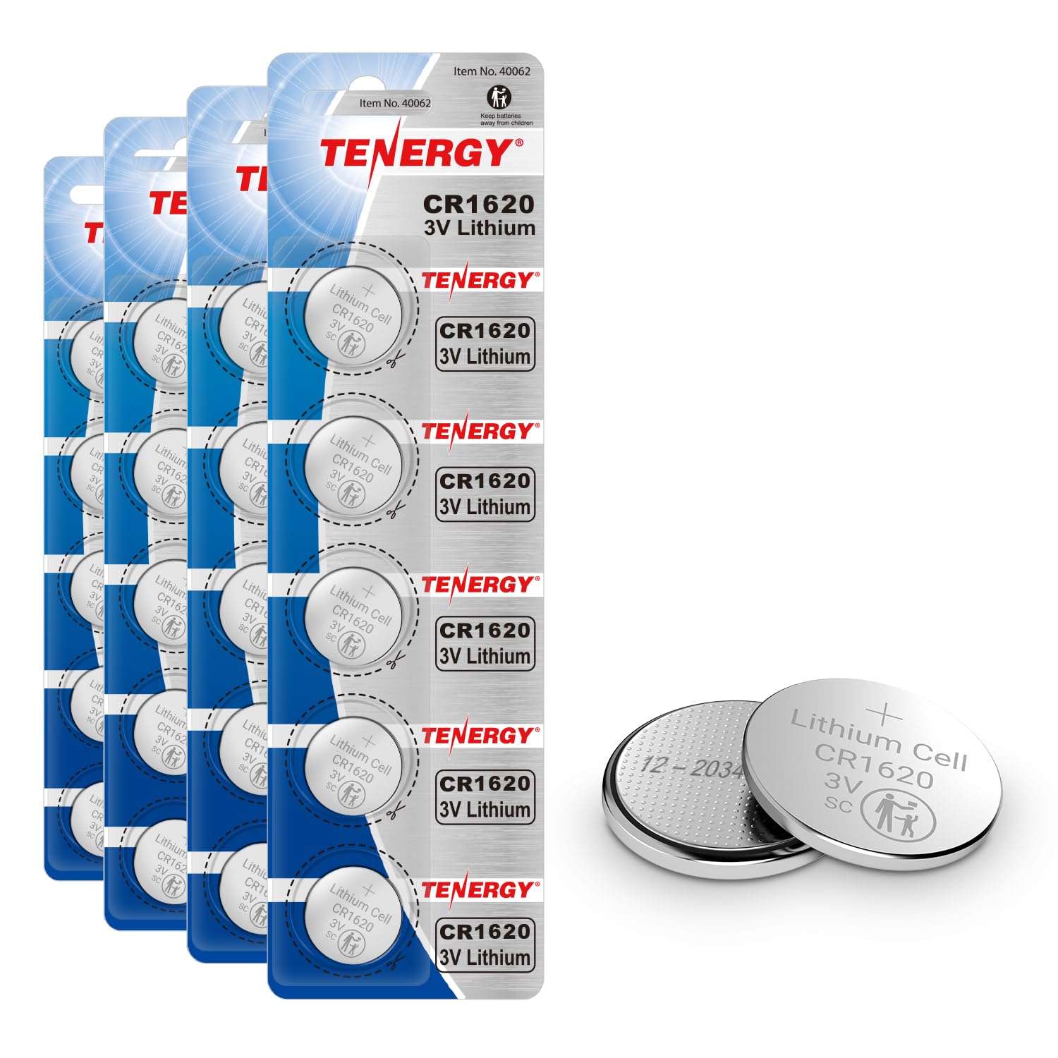 Tenergy CR1620 3V Lithium Button Cell Battery, for Car Keys, Watches, Calculators, Remote Controls, 20 Count