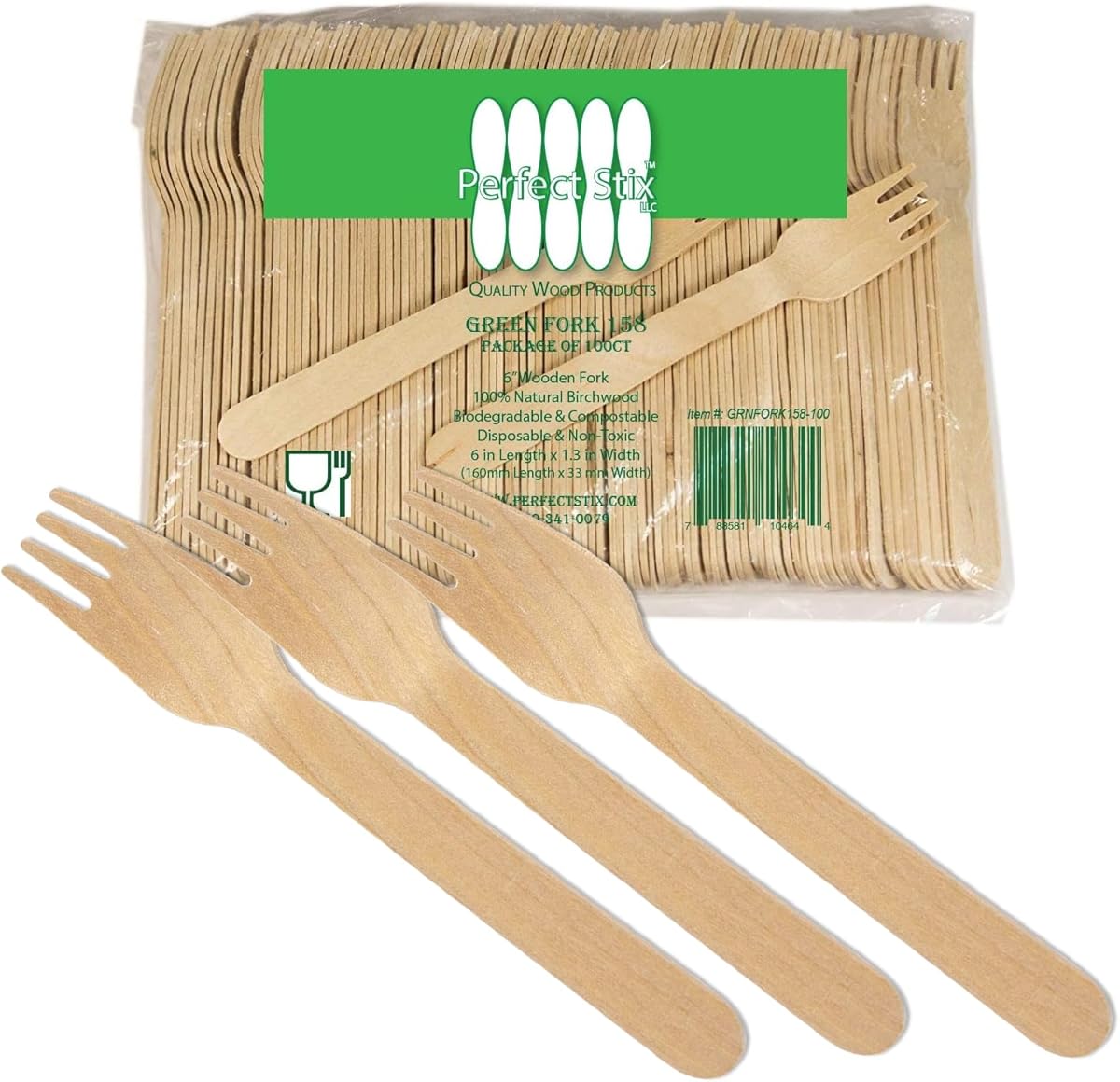 Perfect Stix Green Fork 158-250ct Disposable Wooden Forks (Pack of 250), Plain Forks