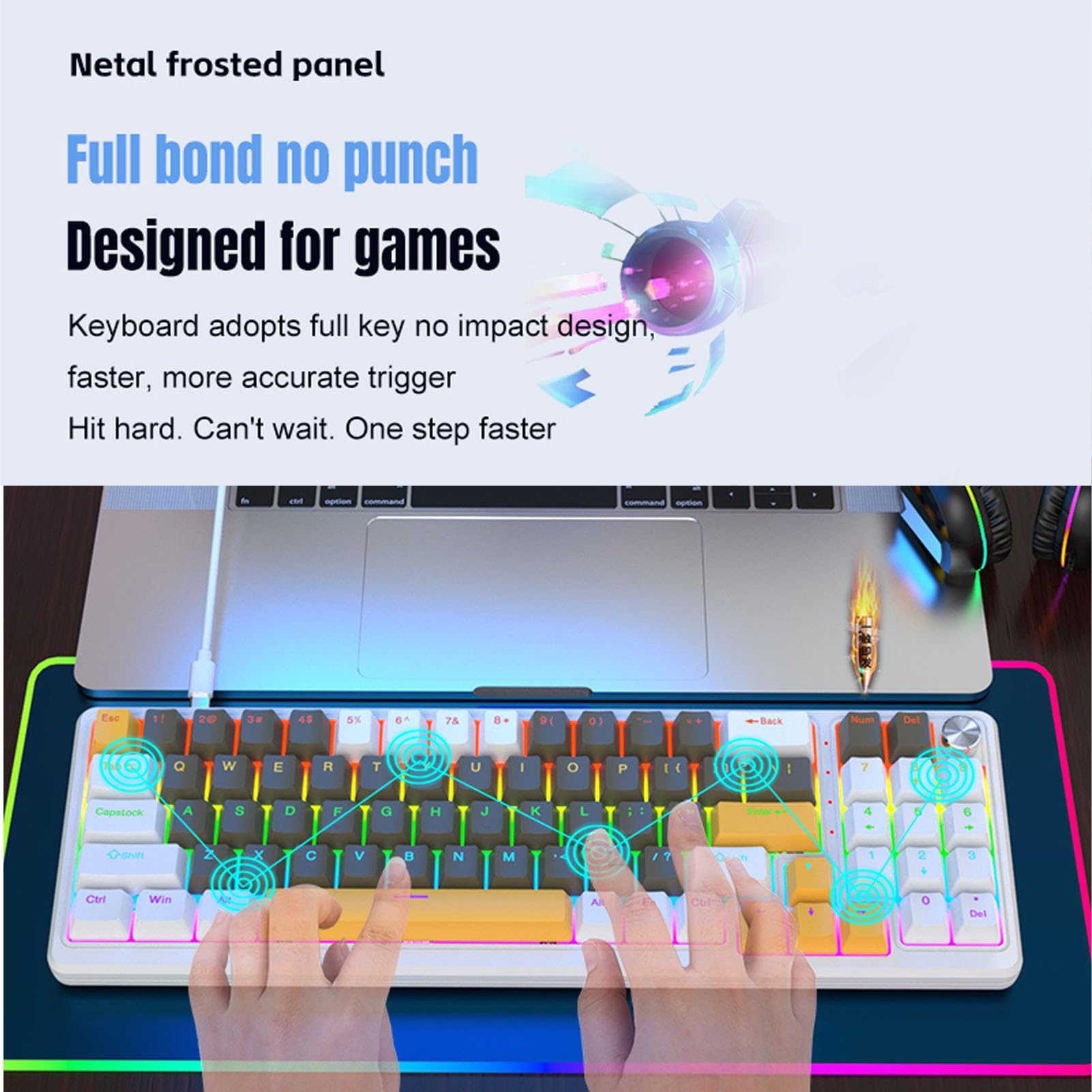 Mechaniczna Klawiatura do Gier z 78 Klawiszami, Podświetlana na Niebiesko Klawiatura Przewodowa z Podświetleniem RGB, Pokrętłem Głośności i Sterowaniem Multimediami, do Gier (WHITE)