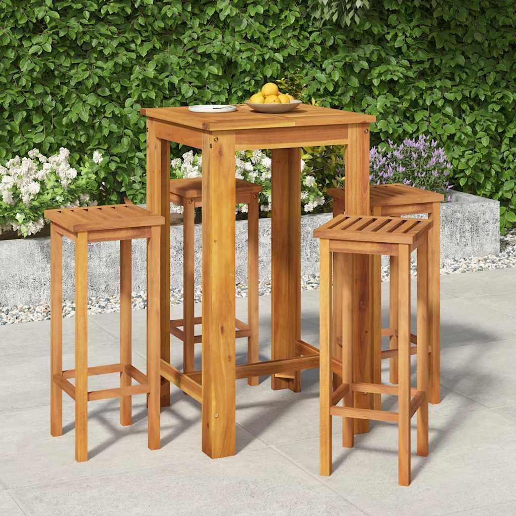 vidaXL Mesa y Taburetes Altos de Jardín 5 pzas, Juego de Muebles de Bar, Mesa Sillas Altas, Mesita Asientos Exterior, Madera Maciza Acacia