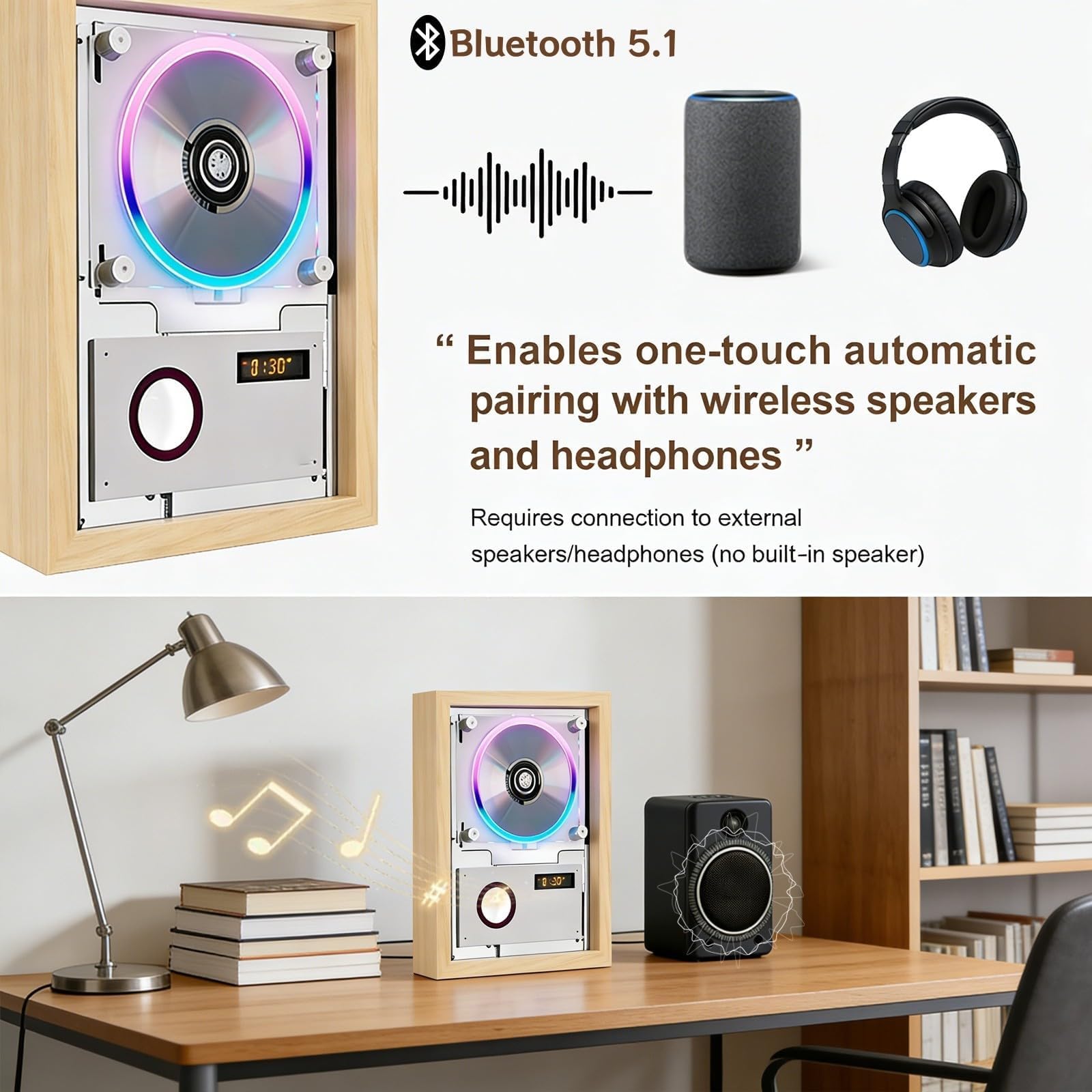 Lettore CD Portatile, Cornice Bluetooth 5×7 Pollici, da Parete e Tavolo | Design Trasparente, Uscita Audio Wireless e Display Album per Altoparlanti e Cuffie(silver)