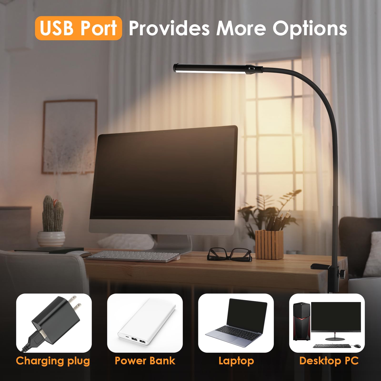 ShineTech Lampe de bureau LED avec pince, lampe de bureau à clipser pour bureau à domicile, blanc chaud 3000 K et 11 niveaux de luminosité, lampe de bureau d'architecte flexible en col de cygne, lampe