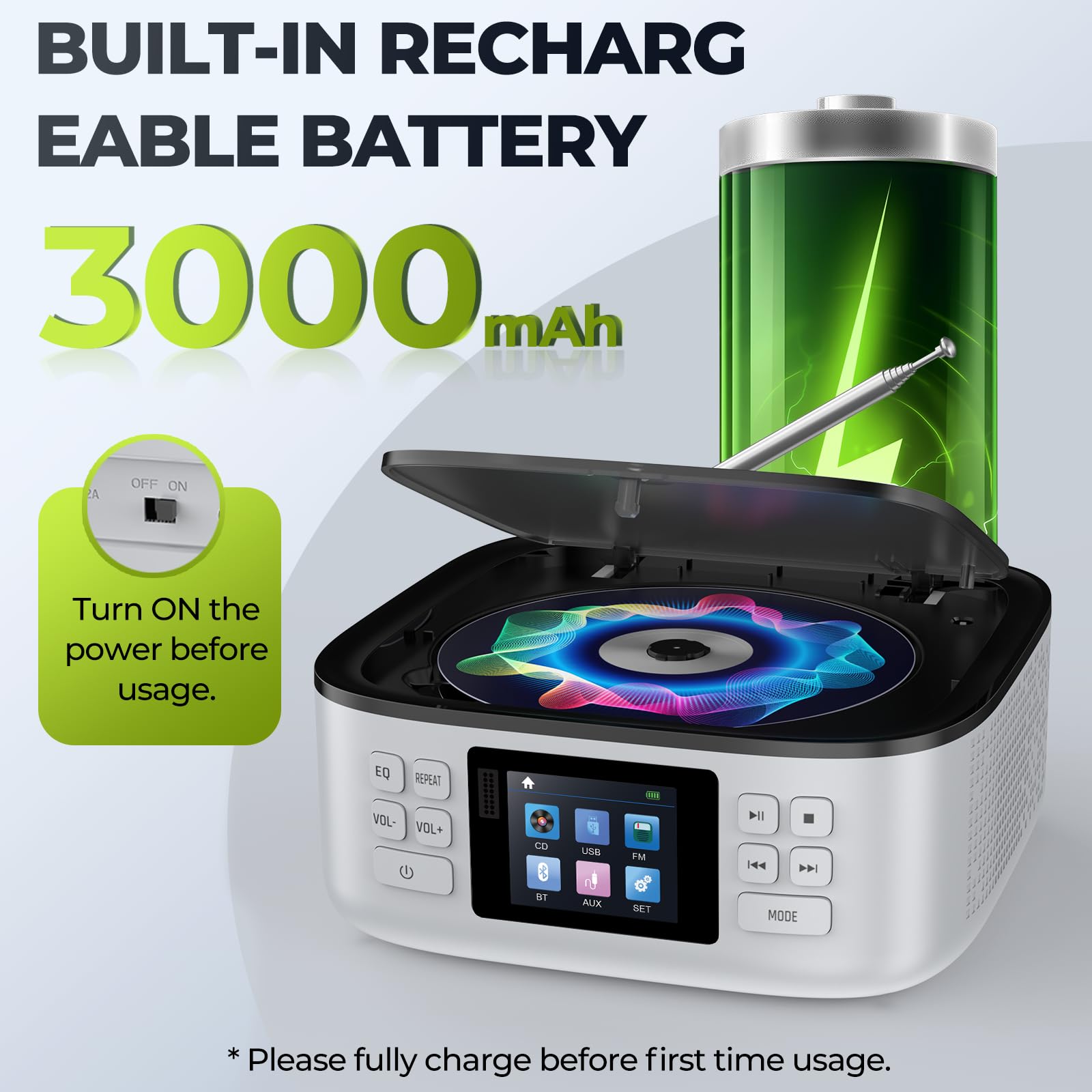 [2026 New] ARAFUNA Lecteur CD Portable pour la Maison, Boombox Rechargeable, Lecteur CD Bluetooth avec Haut-parleurs, Petit Lecteur Radio CD, écran LED Couleur, télécommande, Compatible FM/USB/AUX